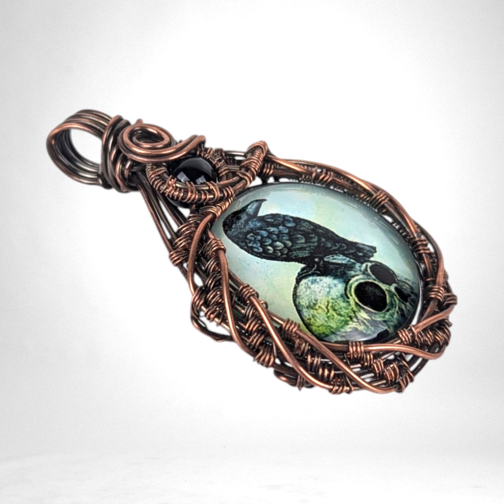 Copper Wire Wrapped Pendant with Raven and Skull | Unique Gothic Jewelry | Handmade Statement Necklace | Dark Aesthetic Accessory