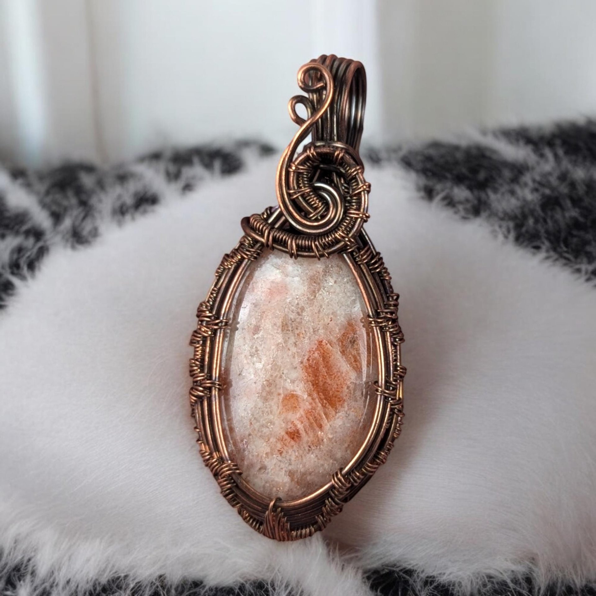 Copper Wire Wrapped Sunstone Pendant | Unique Artisan Jewelry | Handmade Natural Stone Necklace | Bohemian Style Gift for Her