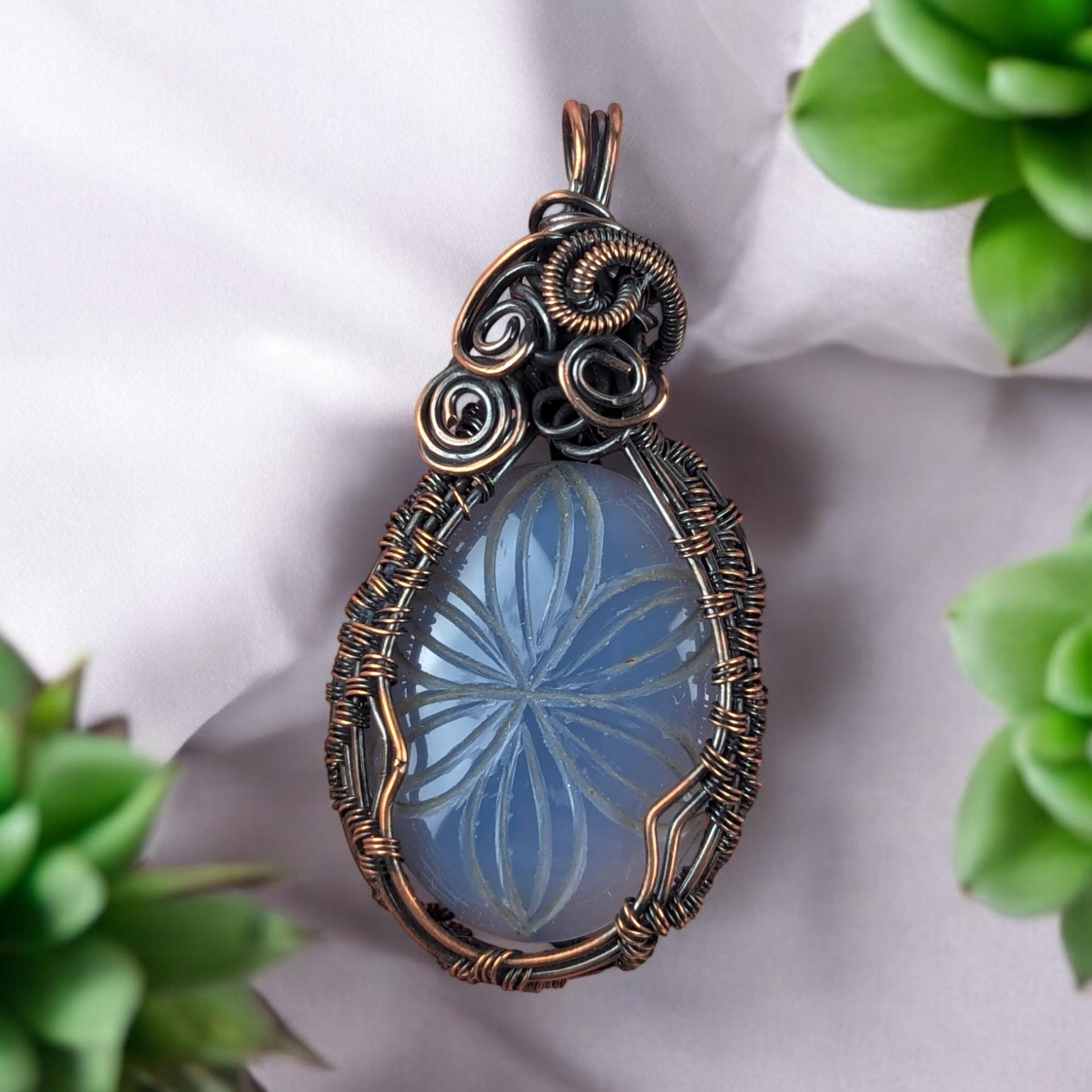 Copper Wire Wrapped Hand Carved Blue Onyx Pendant | Unique Artisan Jewelry | Natural Stone Necklace | Bohemian Style Gift for Her