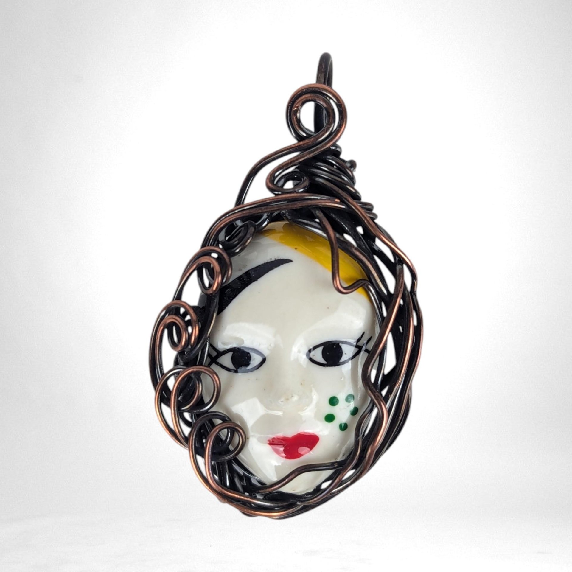 Mardi Gras Necklace | Copper Wire Wrapped Pendant | Female Face | Bohemian Jewelry | Oxidized Copper | Gift for Her