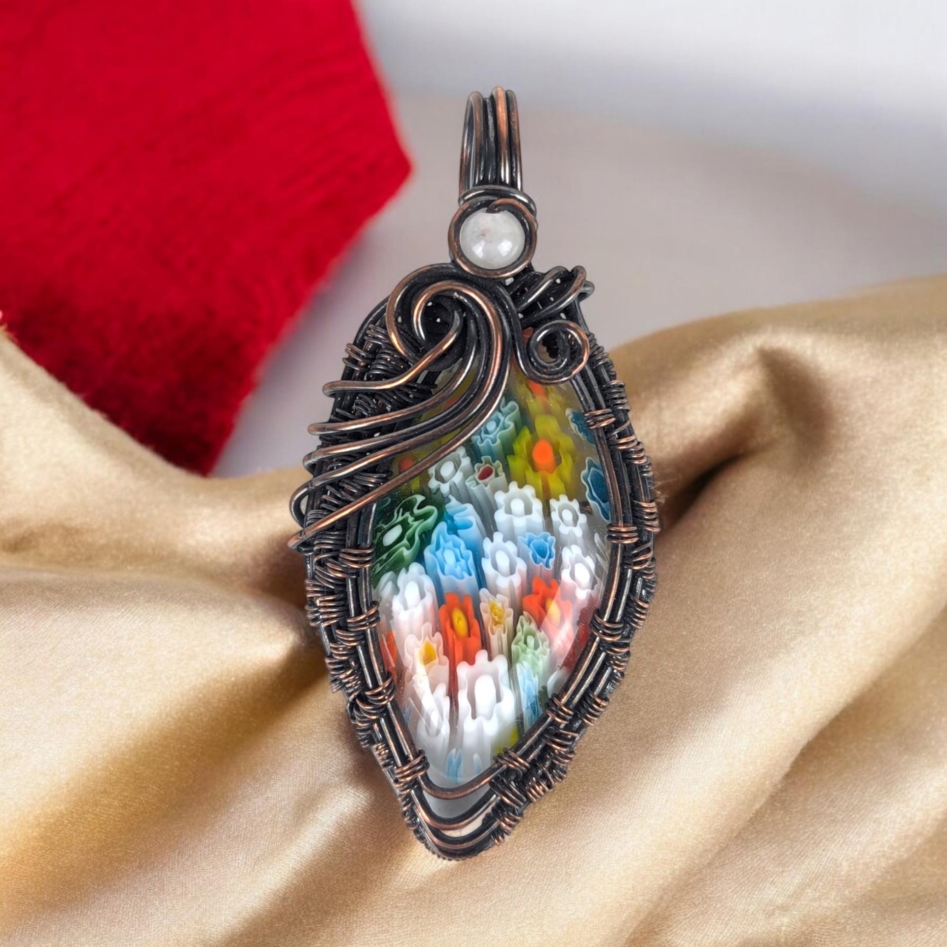 Handmade Copper Wire Wrapped Millefiori Pendant with Rose Quartz Accent – Unique Artisan Jewelry Gift