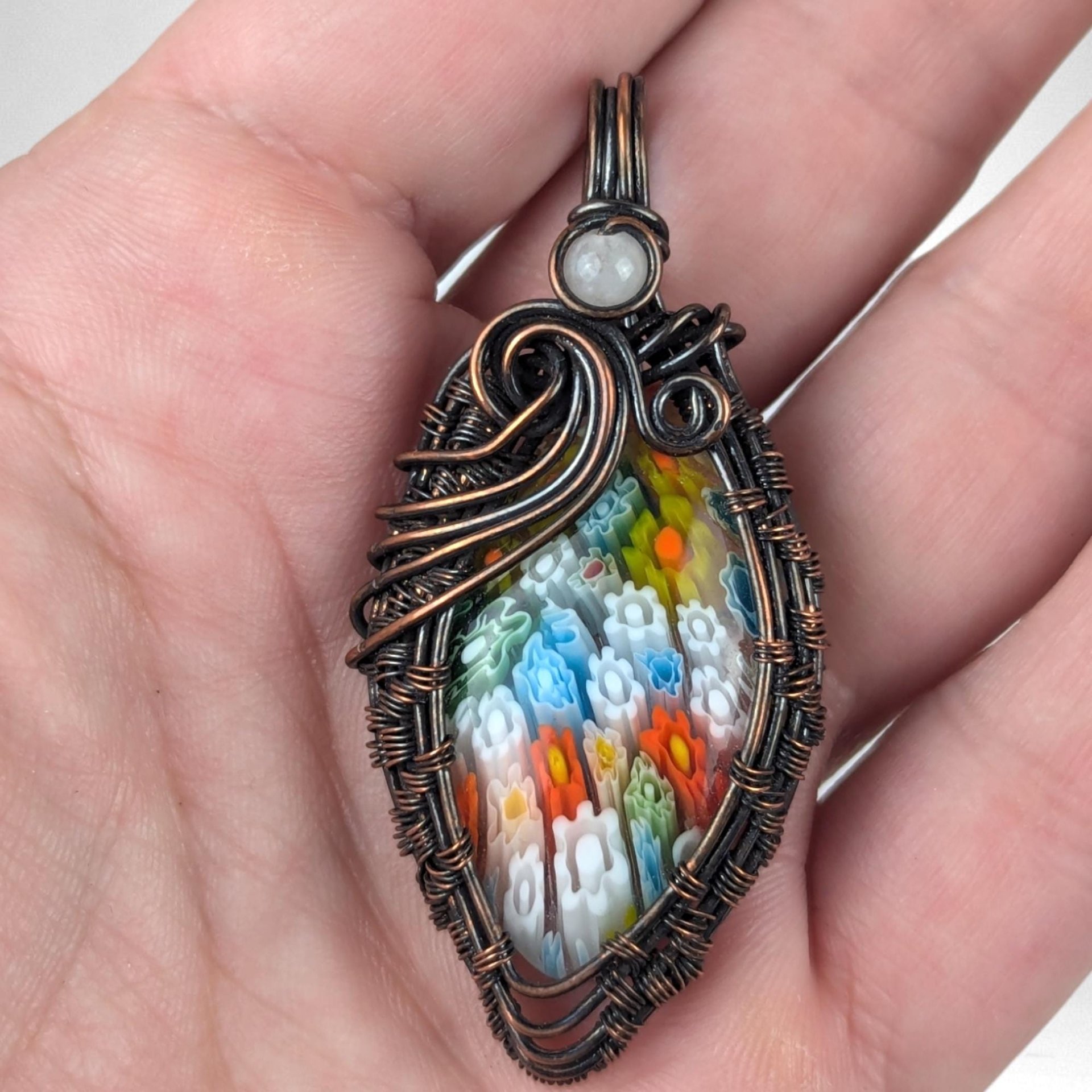 Handmade Copper Wire Wrapped Millefiori Pendant with Rose Quartz Accent – Unique Artisan Jewelry Gift