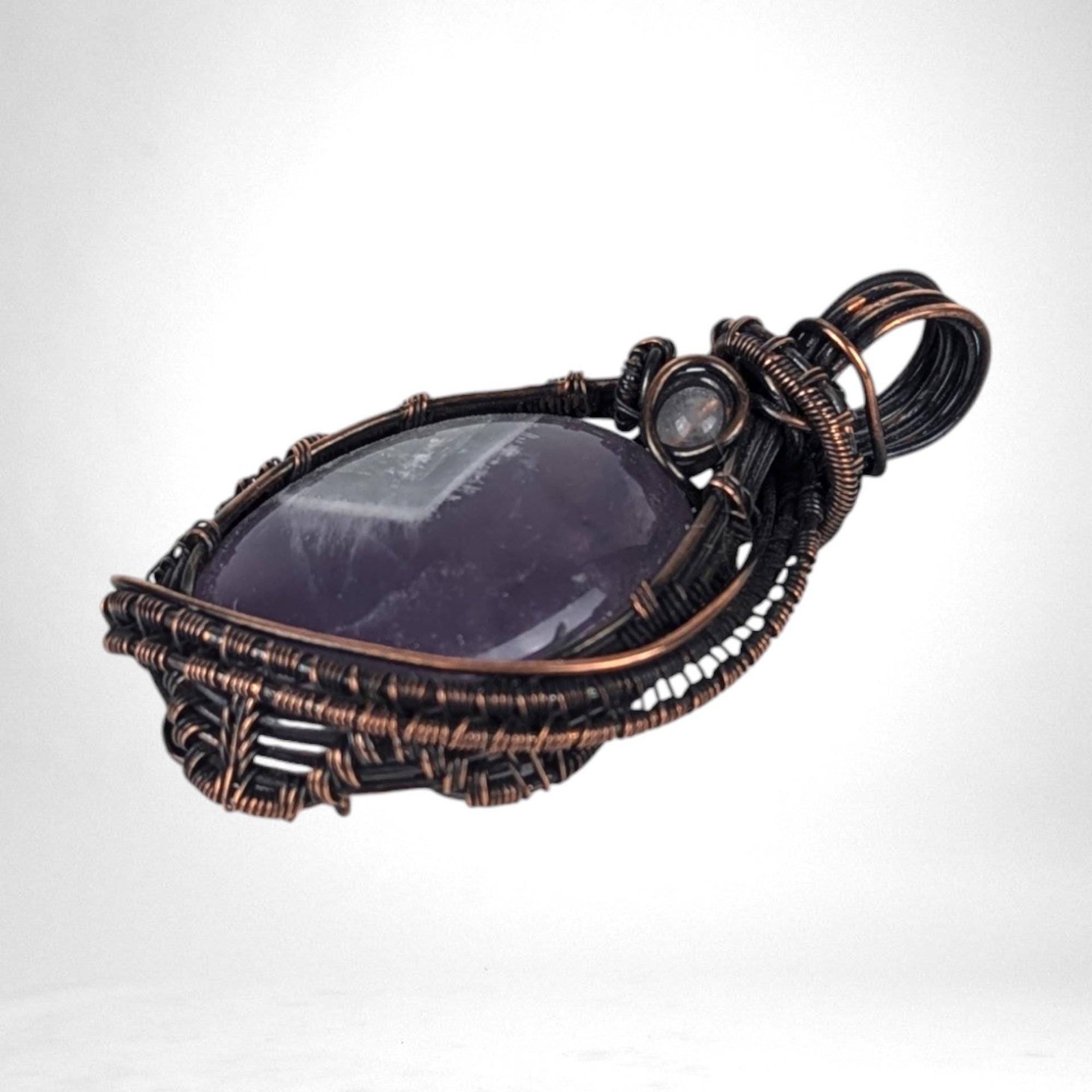 Copper Wire Wrapped Amethyst Pendant | Handmade Crystal Jewelry | Antiqued Copper & Glass Accent | 2" | Gift for Her