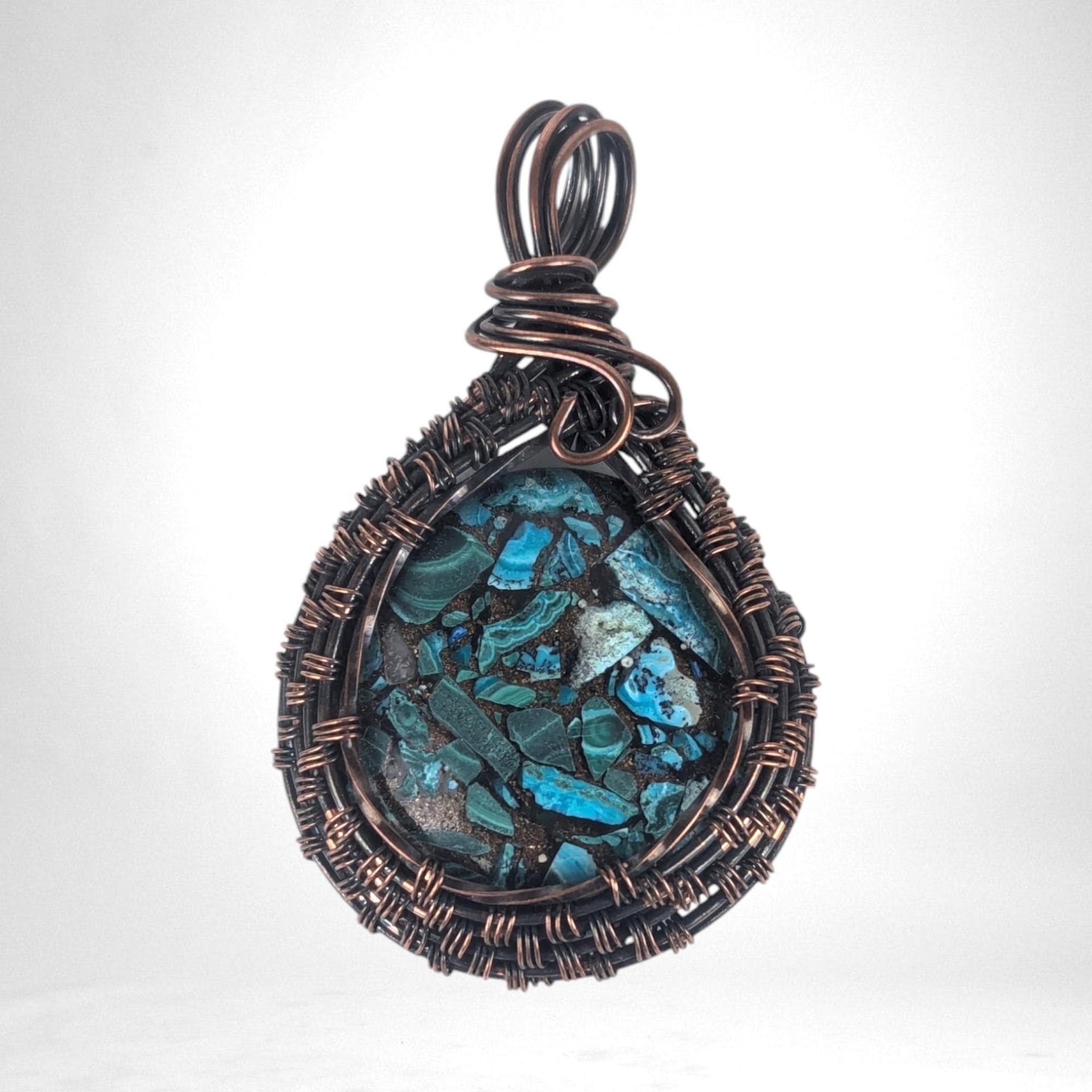 Handcrafted Copper Wire Wrapped Azurite/Malachite Pendant | 2" Unique Rustic Jewelry | Oxidized Copper Wire | Natural Stone Gift