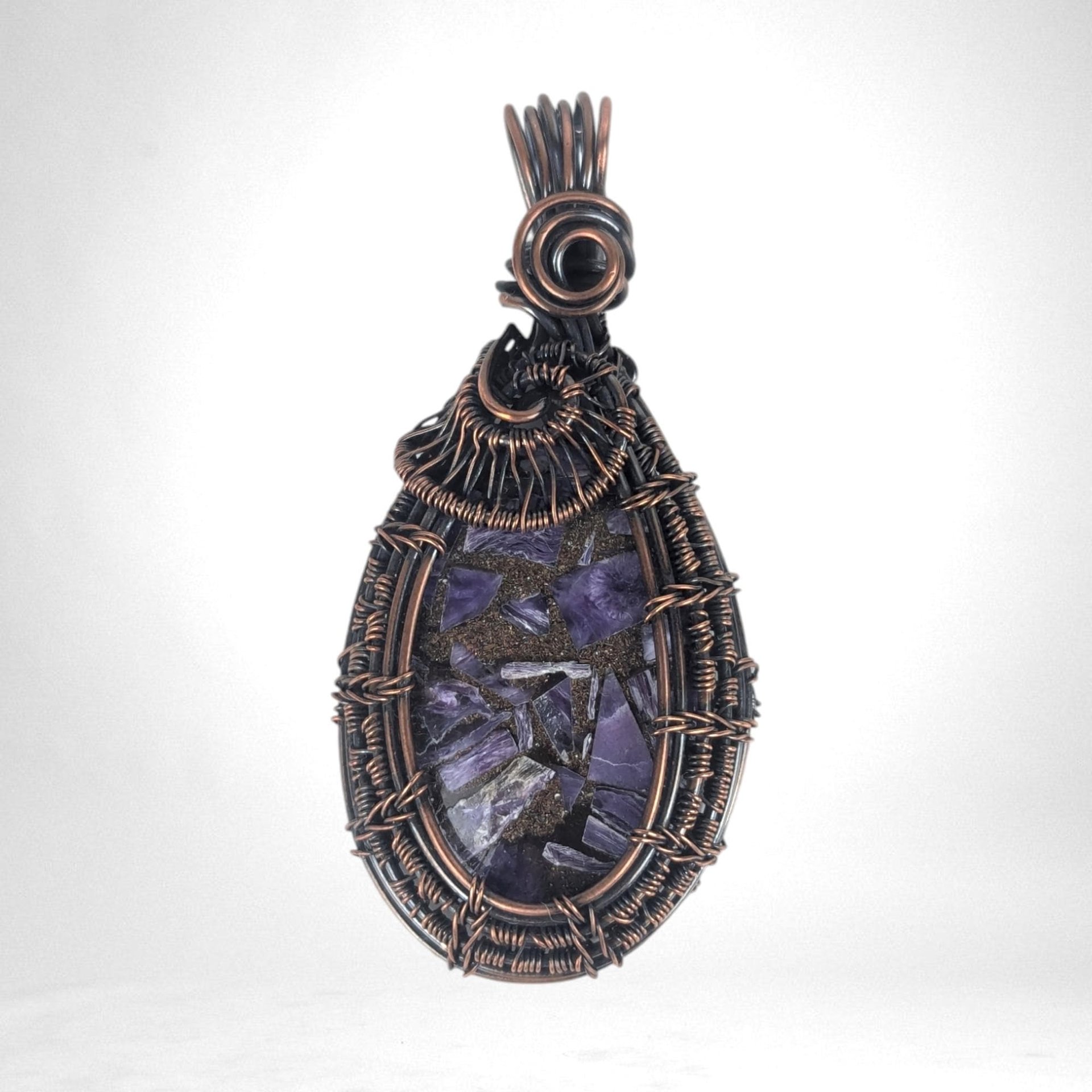 Copper Wire Wrapped Charoite Pendant | Oxidized Copper | Artisan Jewelry | Statement Necklace