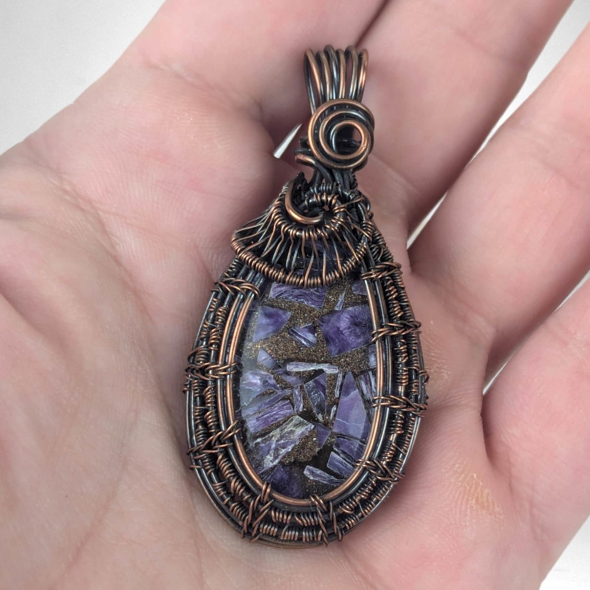 Copper Wire Wrapped Charoite Pendant | Oxidized Copper | Artisan Jewelry | Statement Necklace