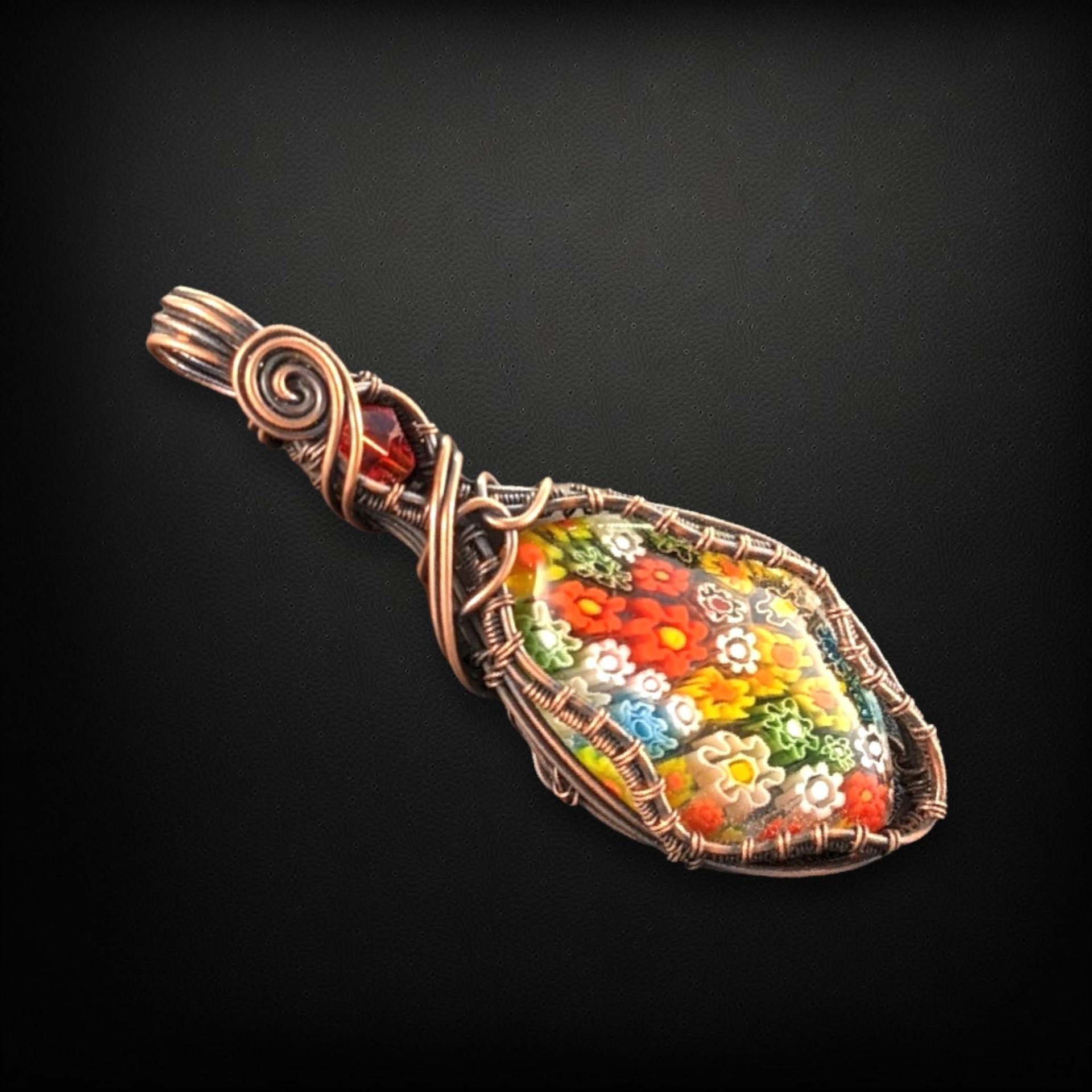 Copper Wire Wrapped Millefiori Pendant | Handmade Glass Jewelry | 2.5" Height | Red Bead Accent | Unique Gift | No Chain