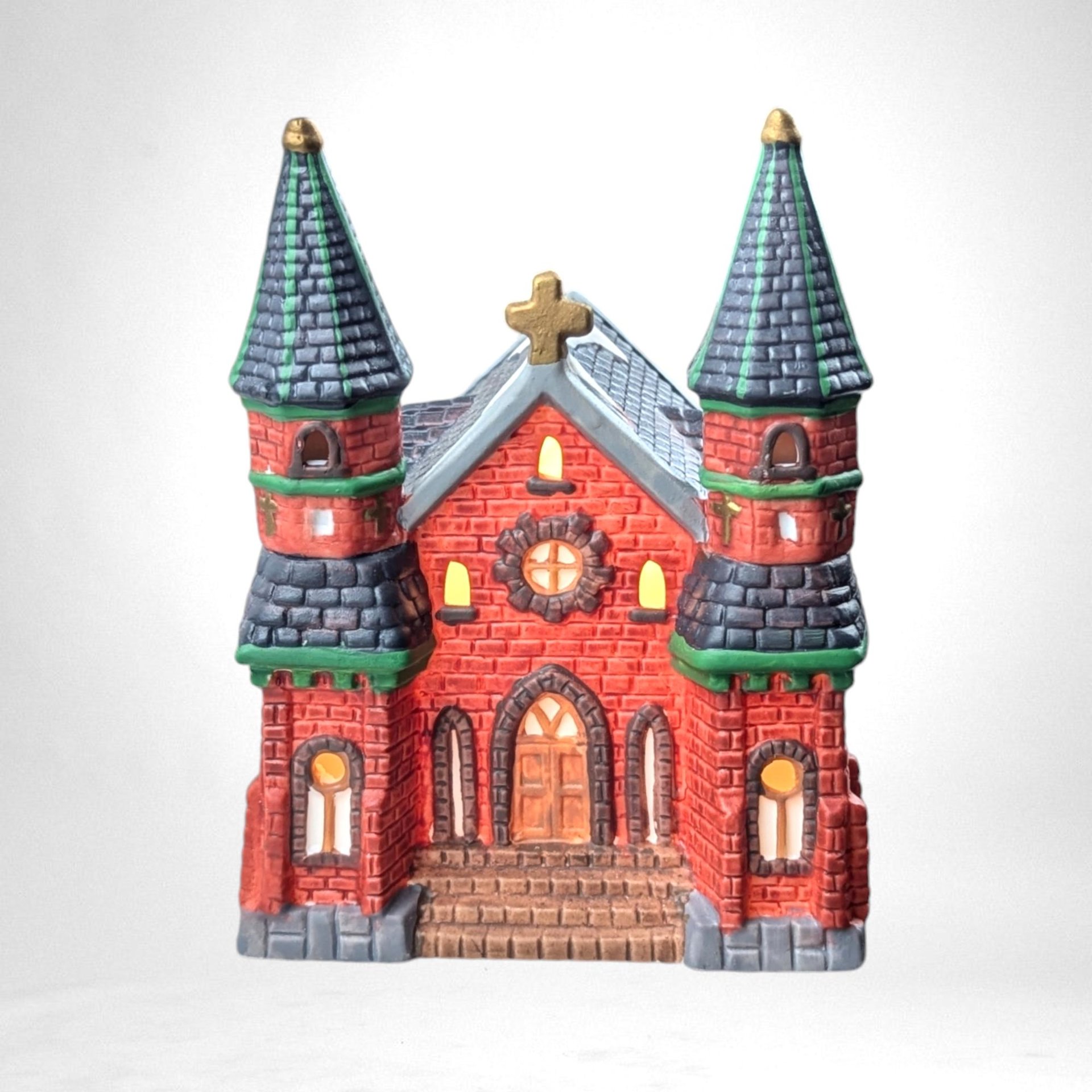 Vintage Heartland Valley Porcelain Lighted Village Buildings - Church, Grocery, Fabric Shop, House
