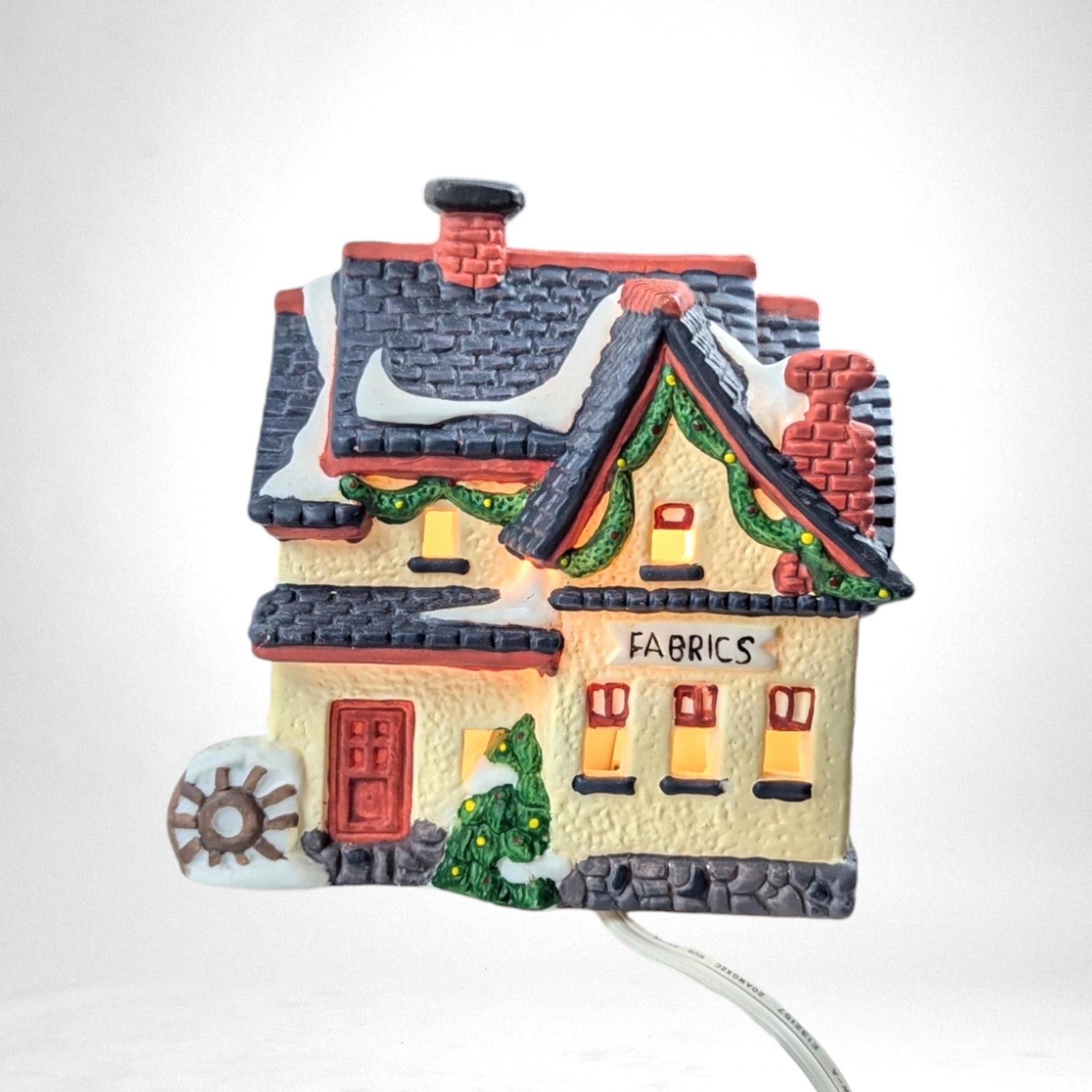 Vintage Heartland Valley Porcelain Lighted Village Buildings - Church, Grocery, Fabric Shop, House