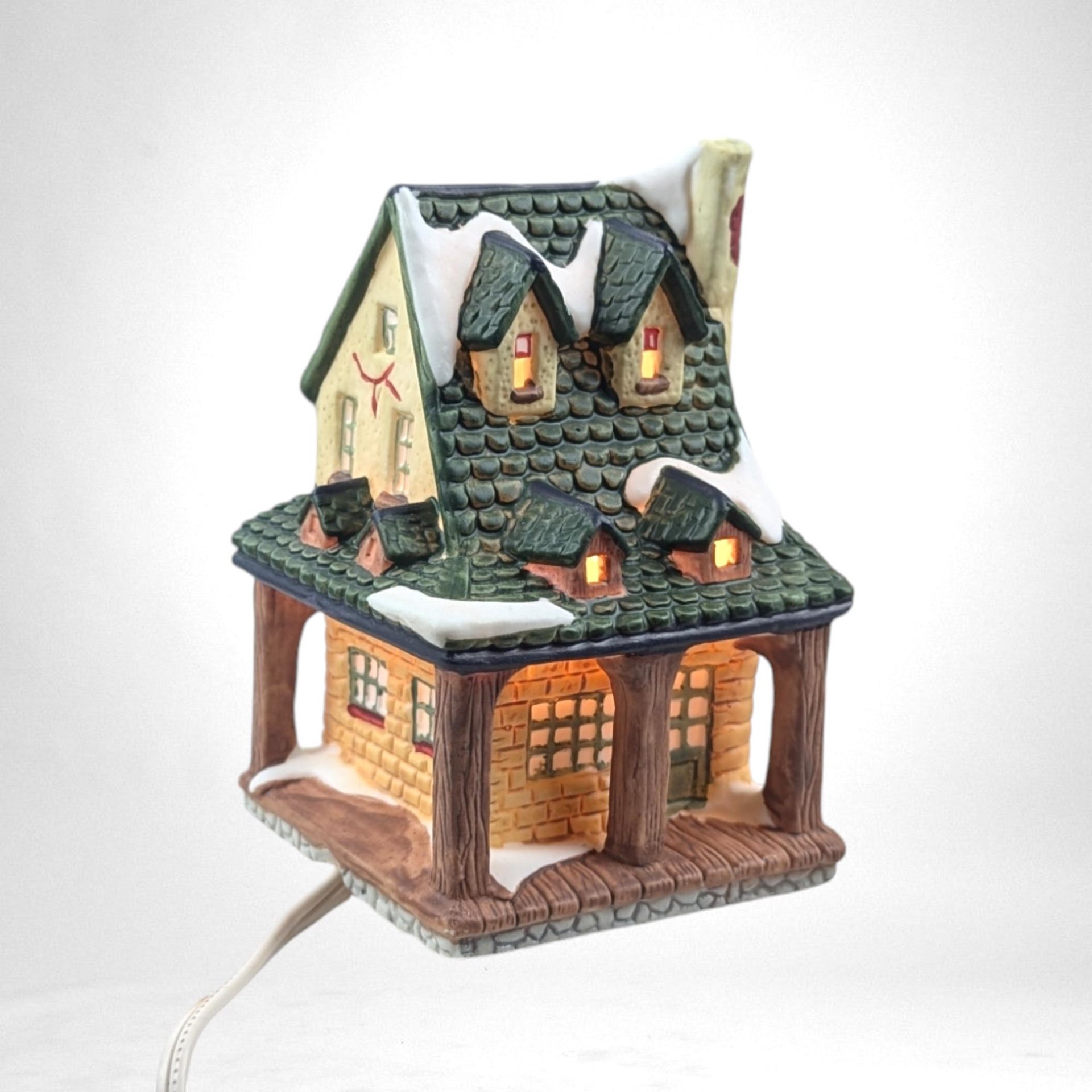 Vintage Heartland Valley Porcelain Lighted Village Buildings - Church, Grocery, Fabric Shop, House