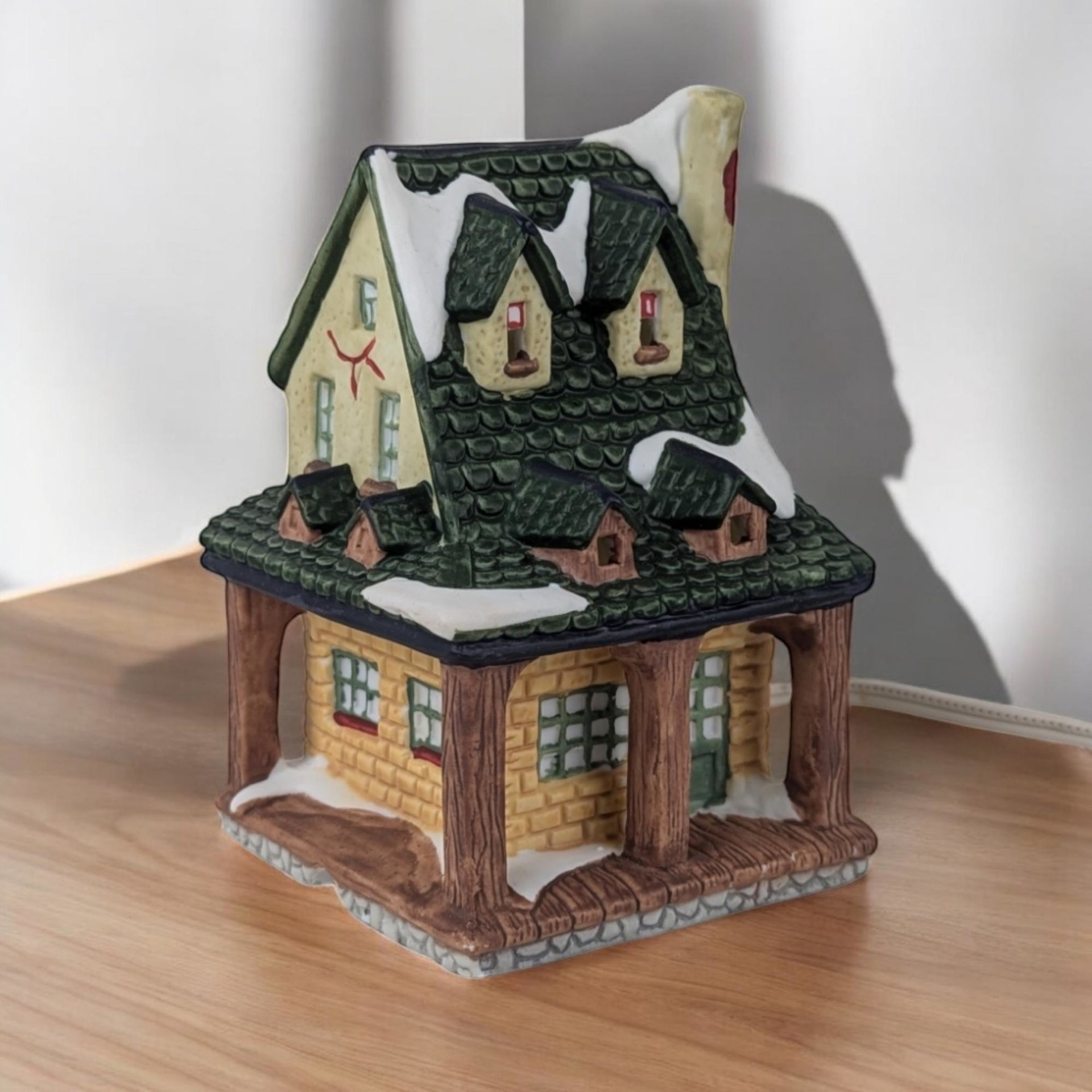 Vintage Heartland Valley Porcelain Lighted Village Buildings - Church, Grocery, Fabric Shop, House