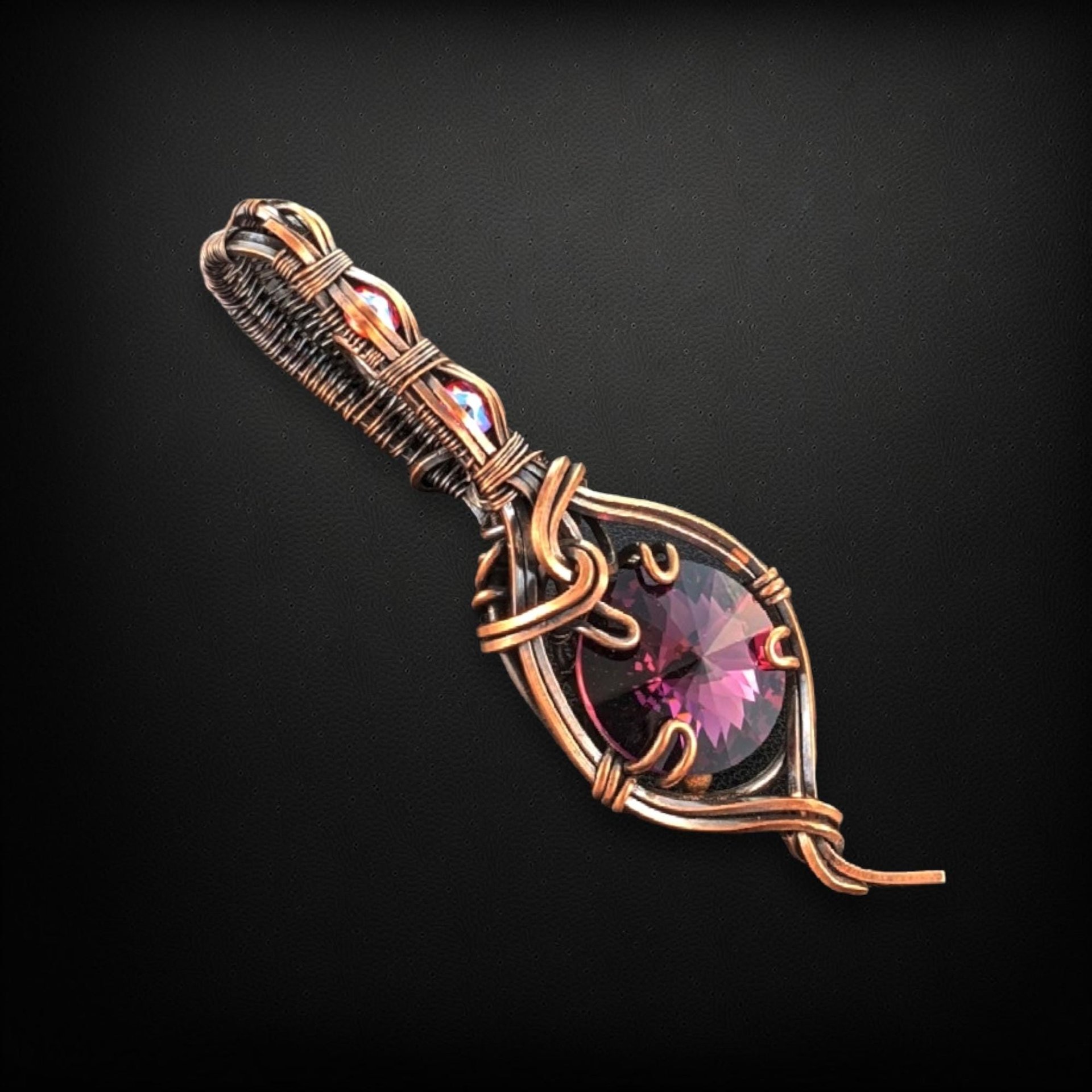 Handmade Copper Wire Wrapped Rivoli Crystal Pendant with Flat Back Gems, Antiqued Finish, Gift for Her, Statement Necklace