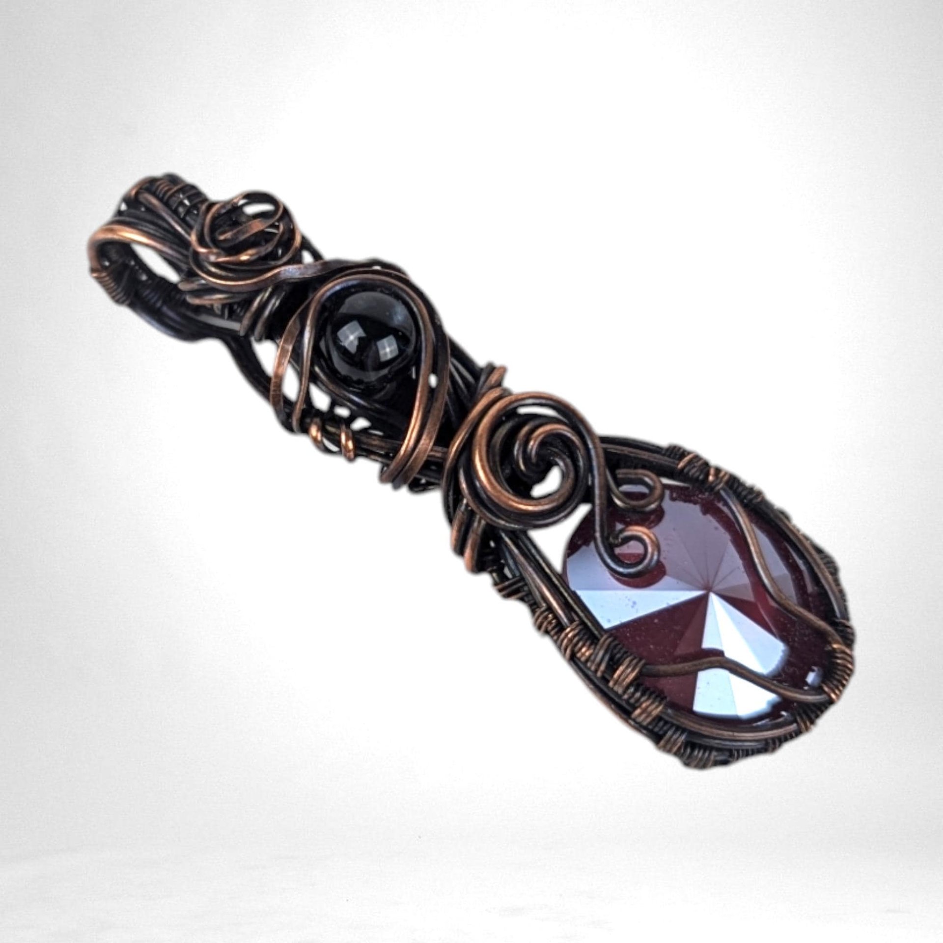 Handmade Copper Wire Wrapped Pendant with Purple Crystal and Black Bead, Artisan Pendant, Gothic Jewelry, Statement Pendant, Gift for Her