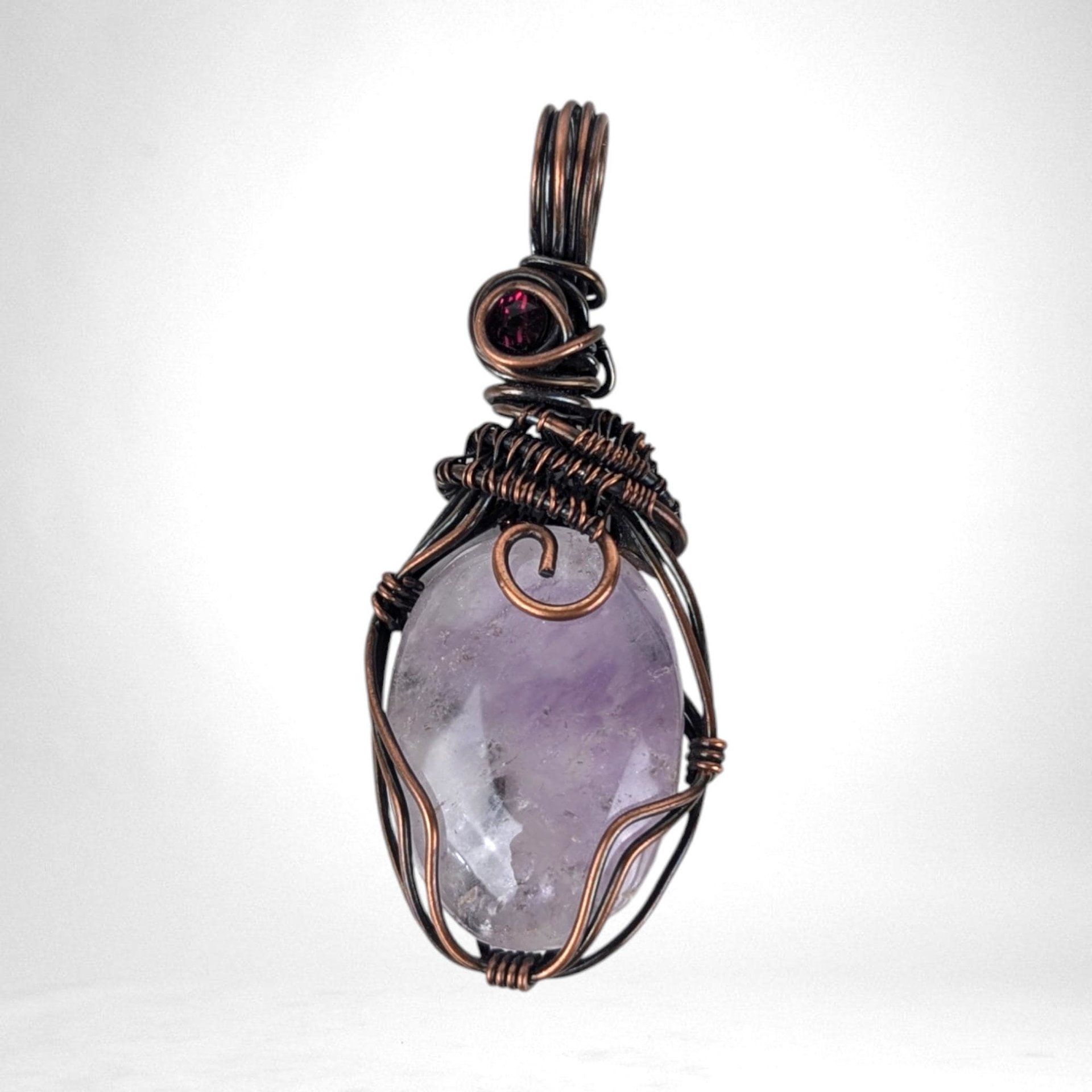 Handmade Copper Wire Wrapped Amethyst Pendant, Amethyst and Garnet Jewelry, Artisan Pendant, Statement Necklace, Gift for Her