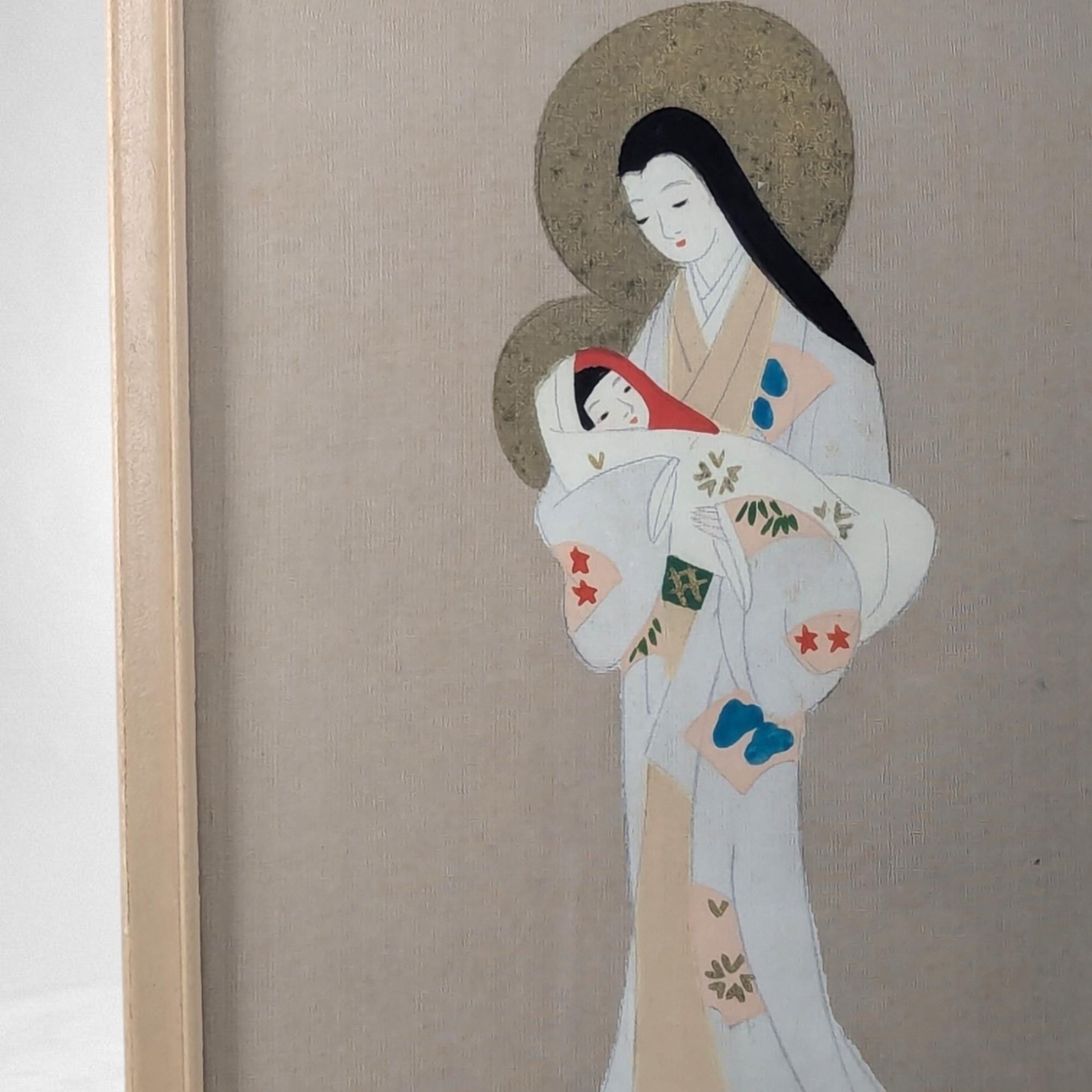 Vintage Japanese Madonna and Child Framed Painting on Cloth | 13" x 10" | Religious Art | Wall Decor