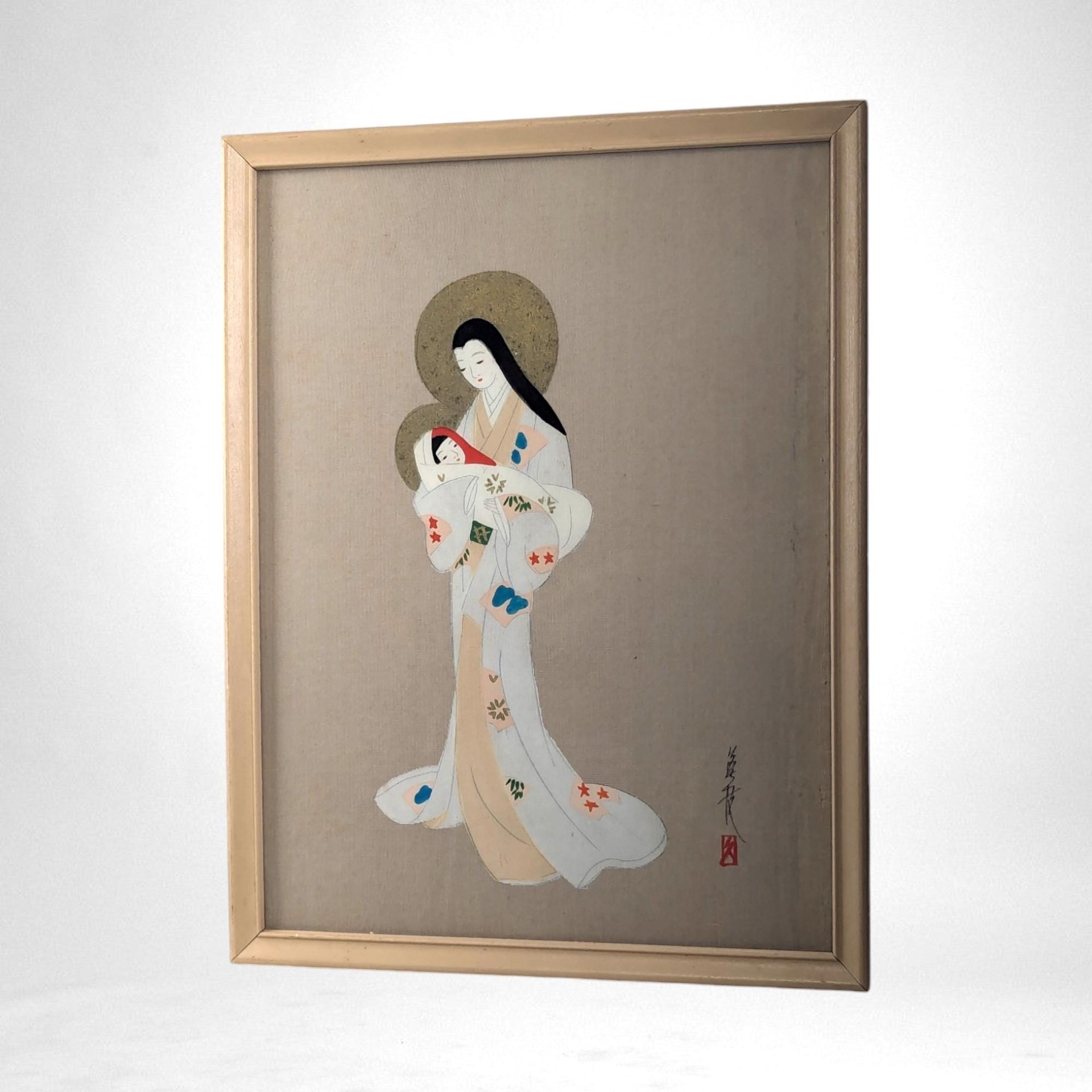 Vintage Japanese Madonna and Child Framed Painting on Cloth | 13" x 10" | Religious Art | Wall Decor