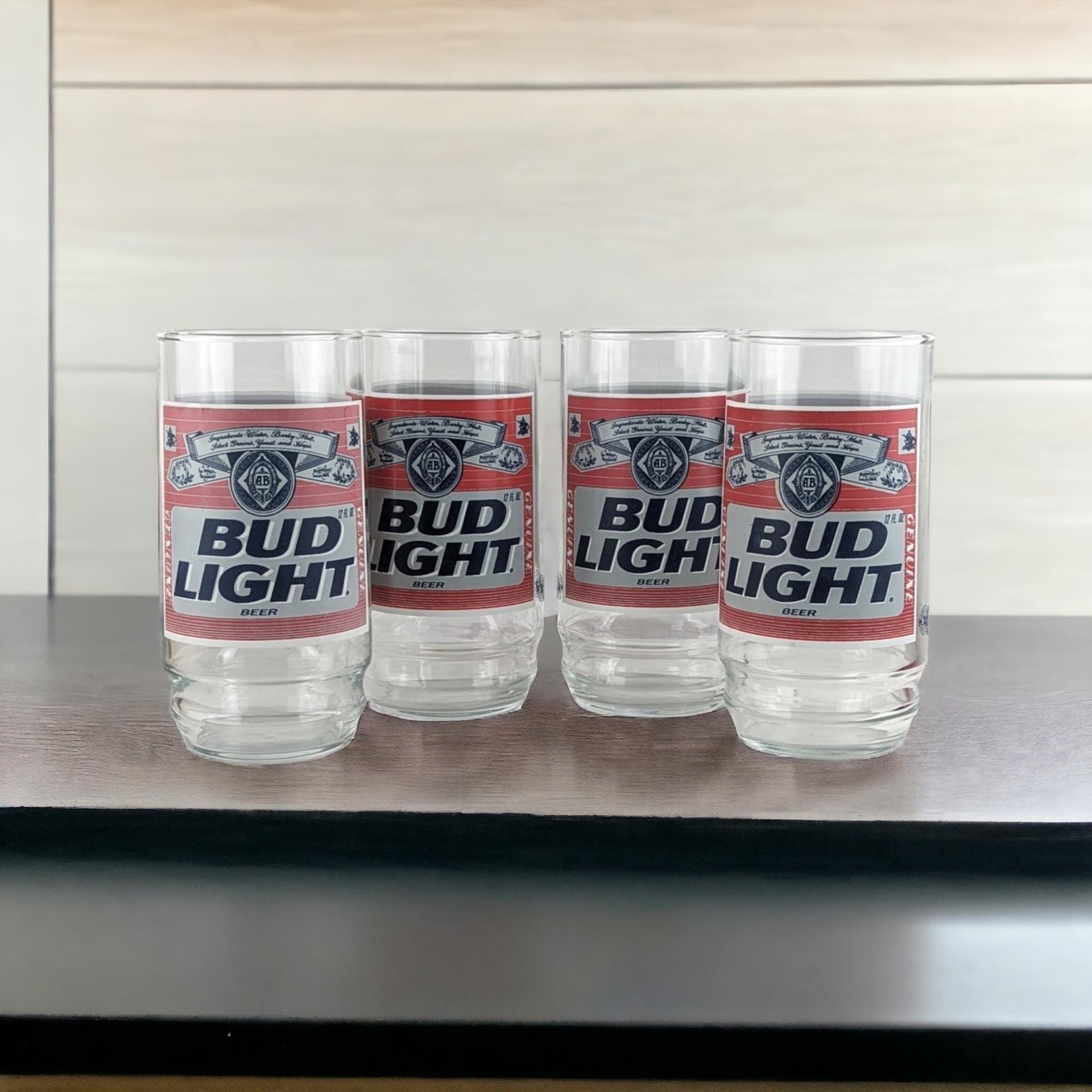 Vintage Bud Light Beer Glasses, Set of 4,  Classic Red Label,  Barware,  Man Cave Decor,  Collectible Glasses