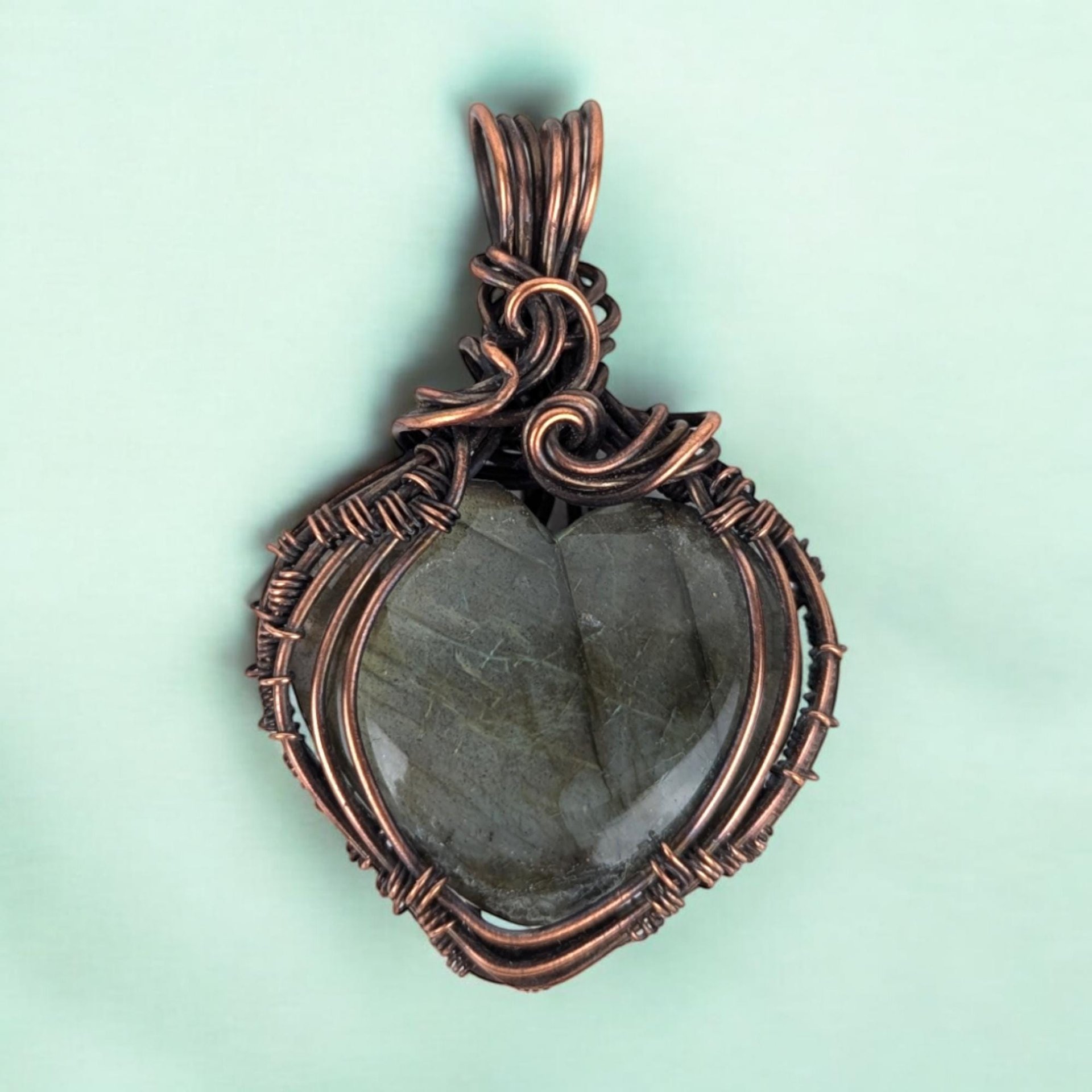 Handmade Copper Wire Wrapped Labradorite Heart Pendant | Unique Artisan Jewelry | Romantic Gift