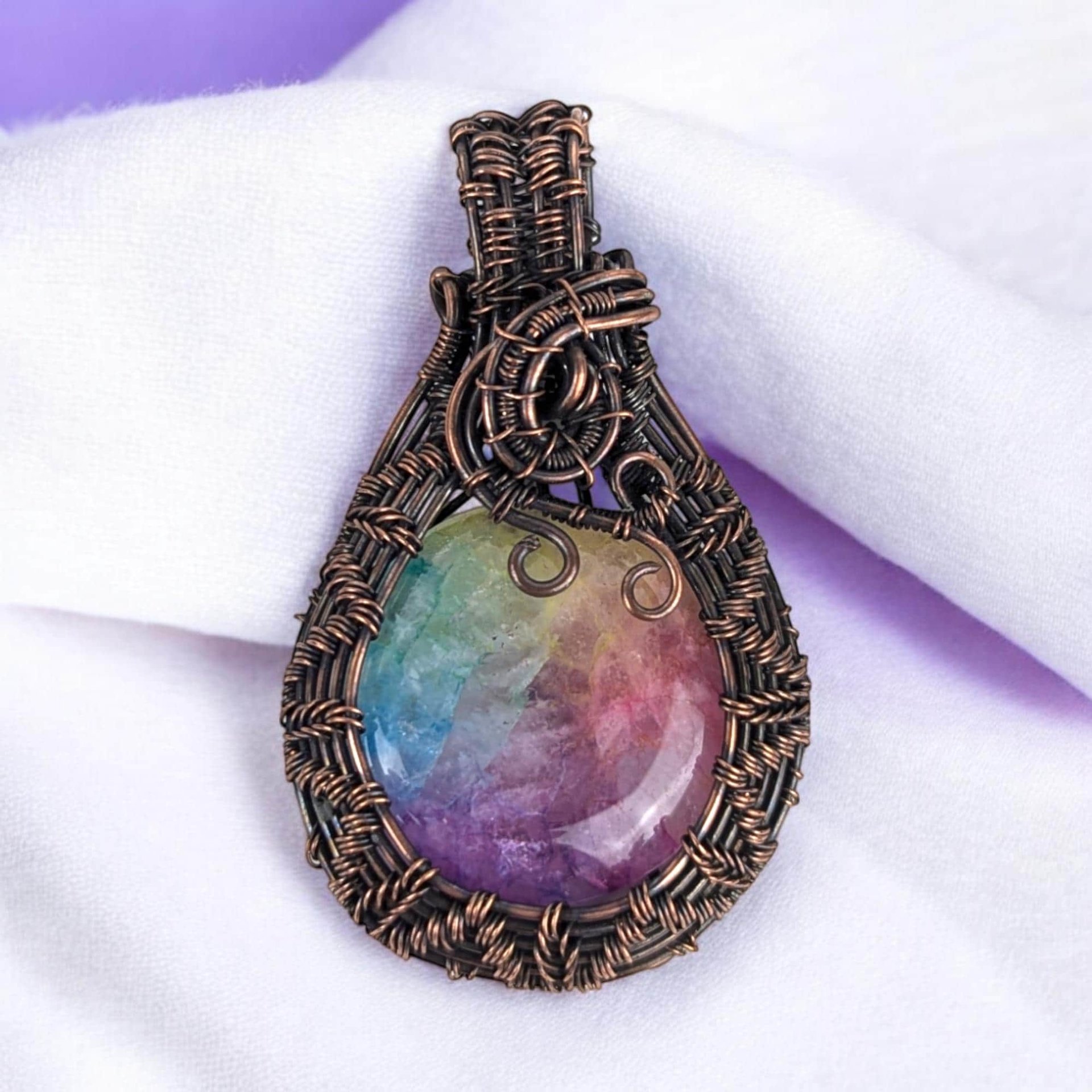 Handmade Copper Wire Wrapped Rainbow Solar Quartz Pendant | Vibrant Artisan Jewelry | Gift for Positivity