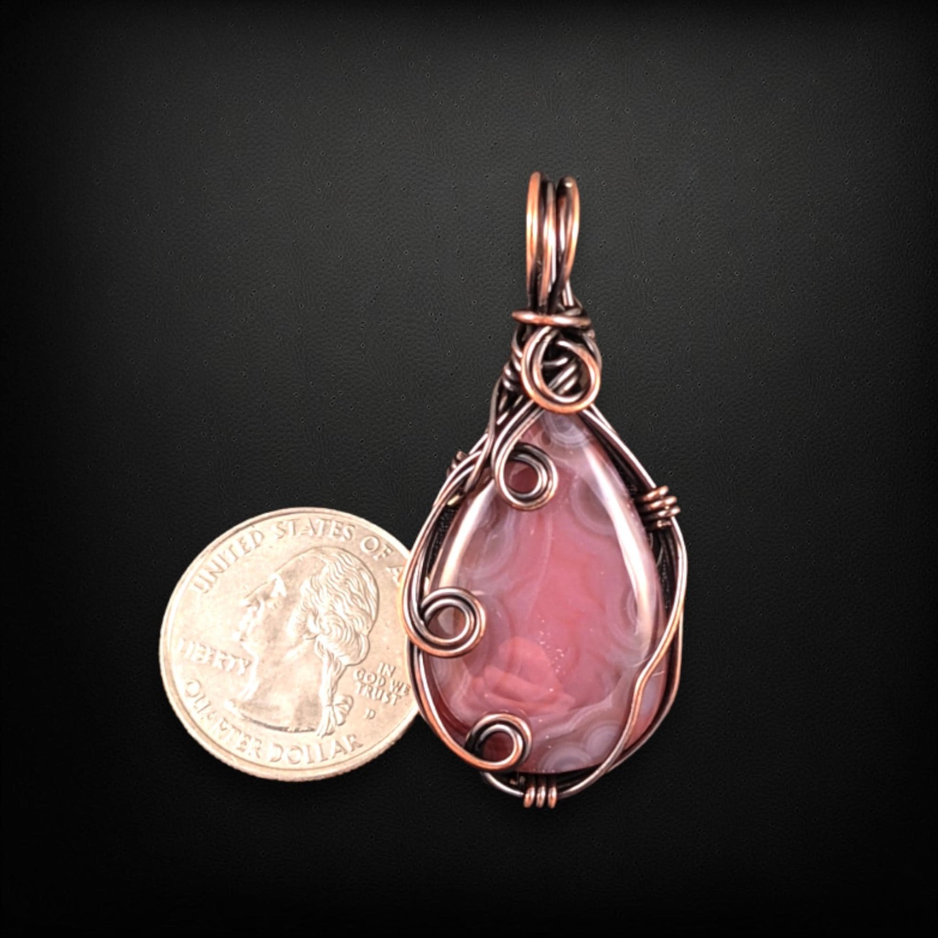 Handmade Copper Wire Wrapped Agate Pendant - Dark Pink, 2" - Antiqued Finish, No Chain