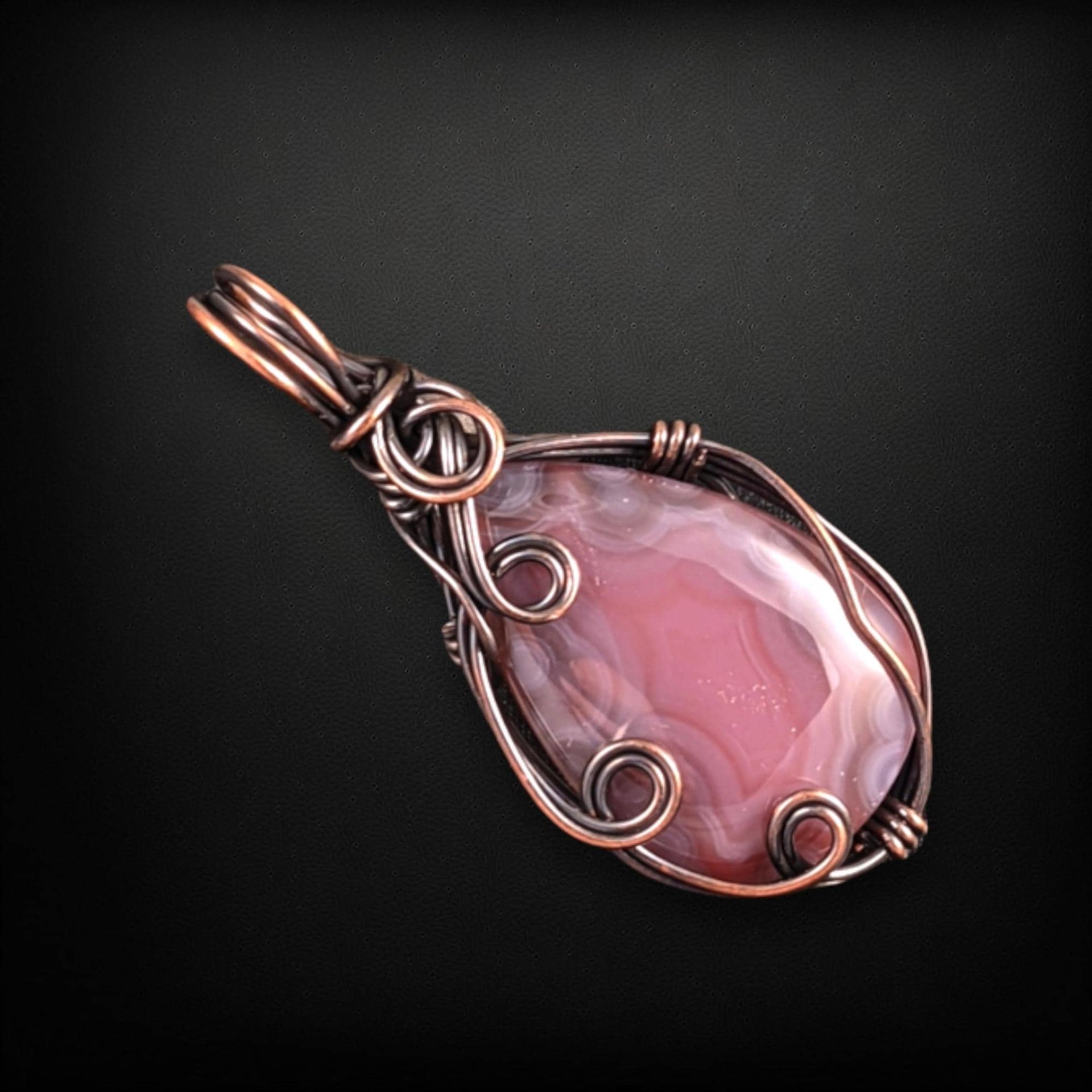 Handmade Copper Wire Wrapped Agate Pendant - Dark Pink, 2" - Antiqued Finish, No Chain
