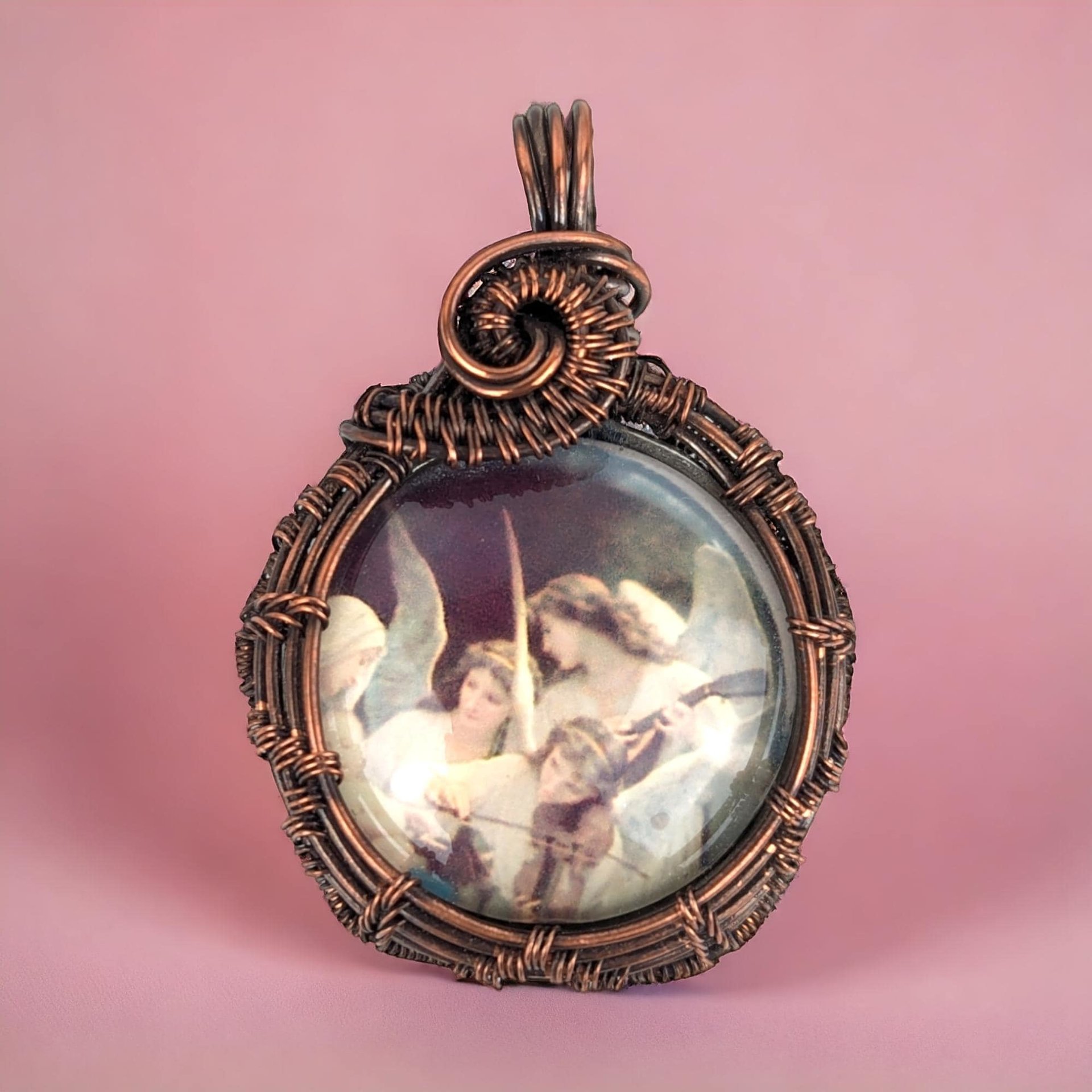 Handmade Copper Wire Wrapped Angelic Pendant, Antiqued Glass, Spiritual Jewelry, Unique Gift, One-of-a-Kind