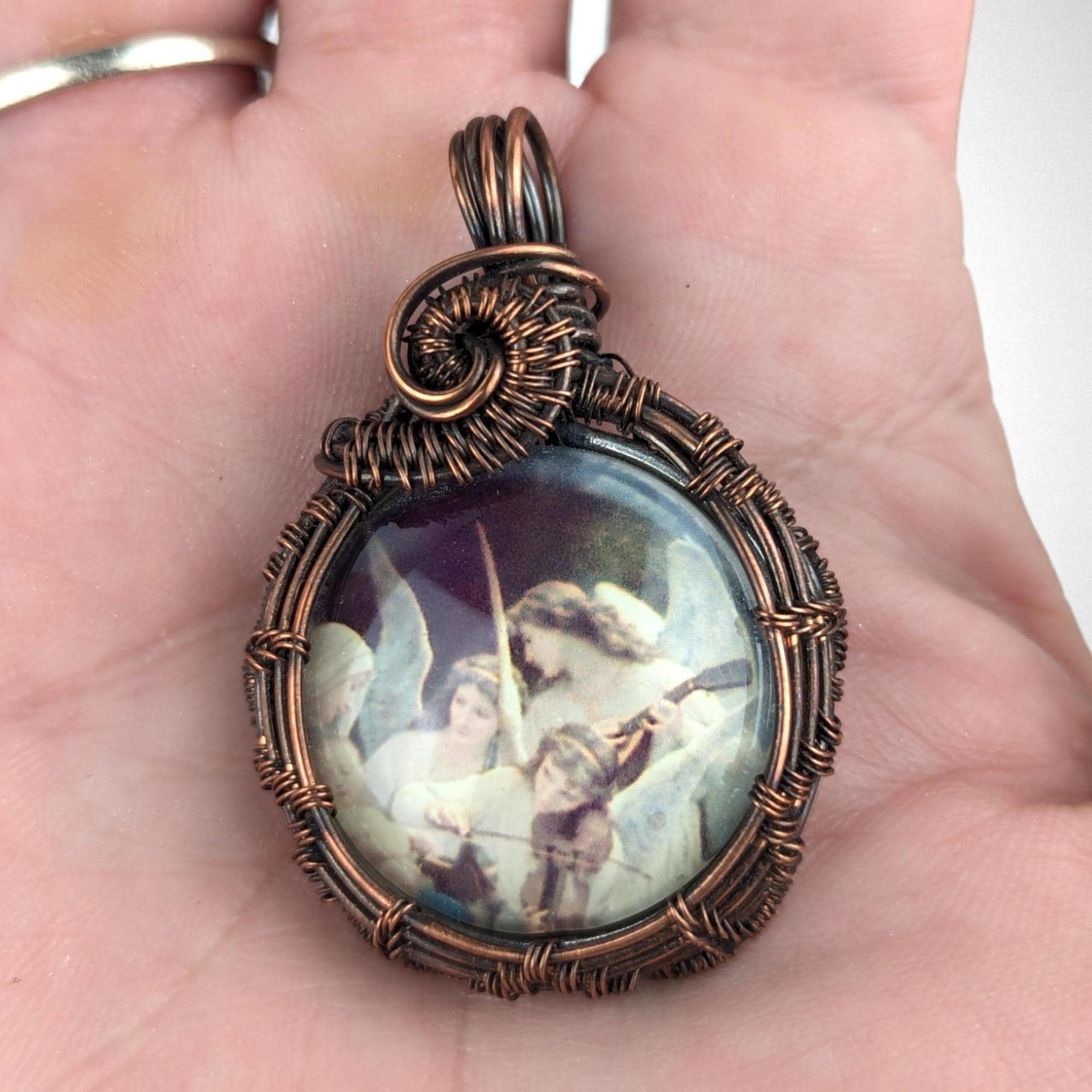Handmade Copper Wire Wrapped Angelic Pendant, Antiqued Glass, Spiritual Jewelry, Unique Gift, One-of-a-Kind