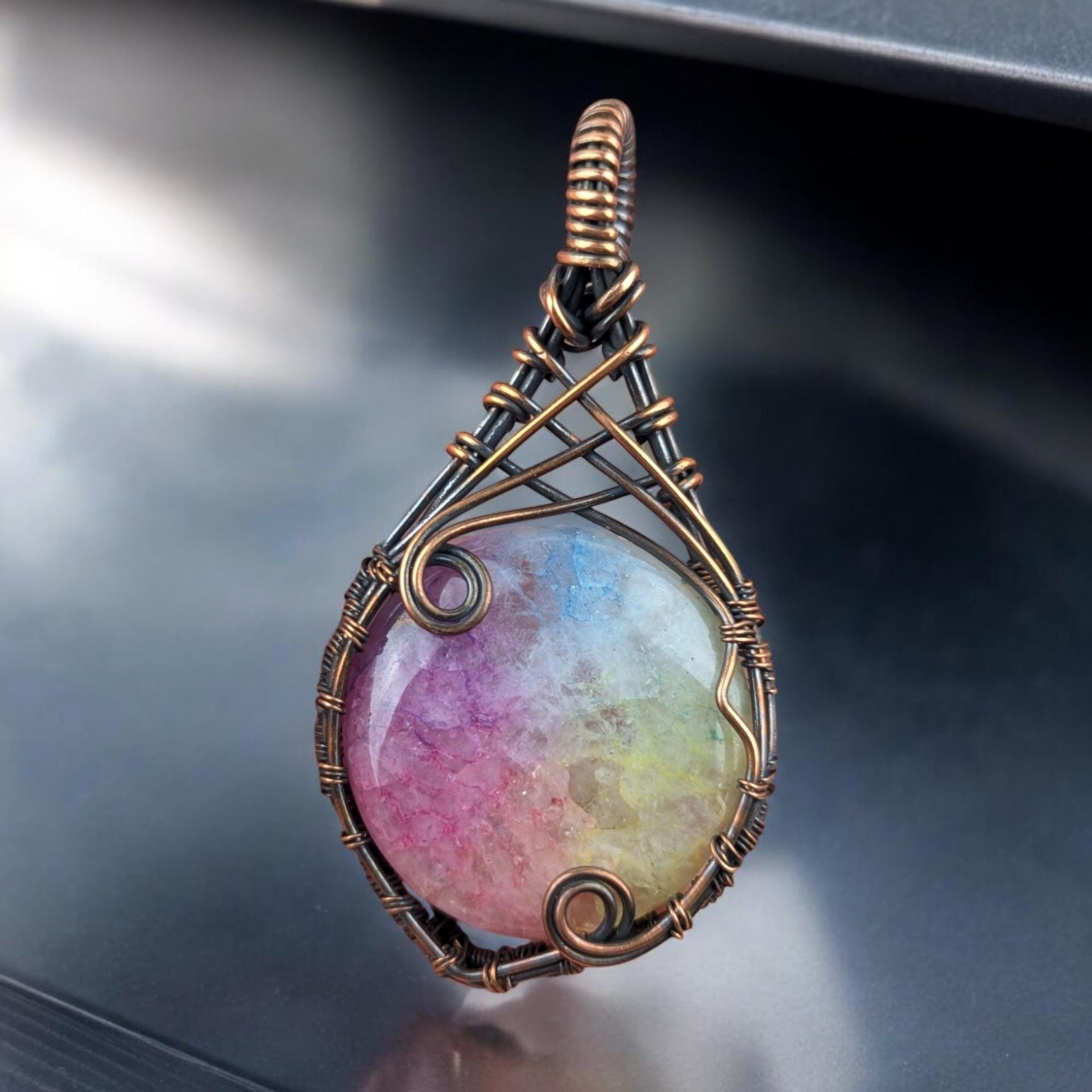 Handmade Copper Wire Wrapped Solar Quartz Pendant | Unique Bohemian Jewelry | Dyed Solar Quartz Cabochon | Gift for Crystal Lovers