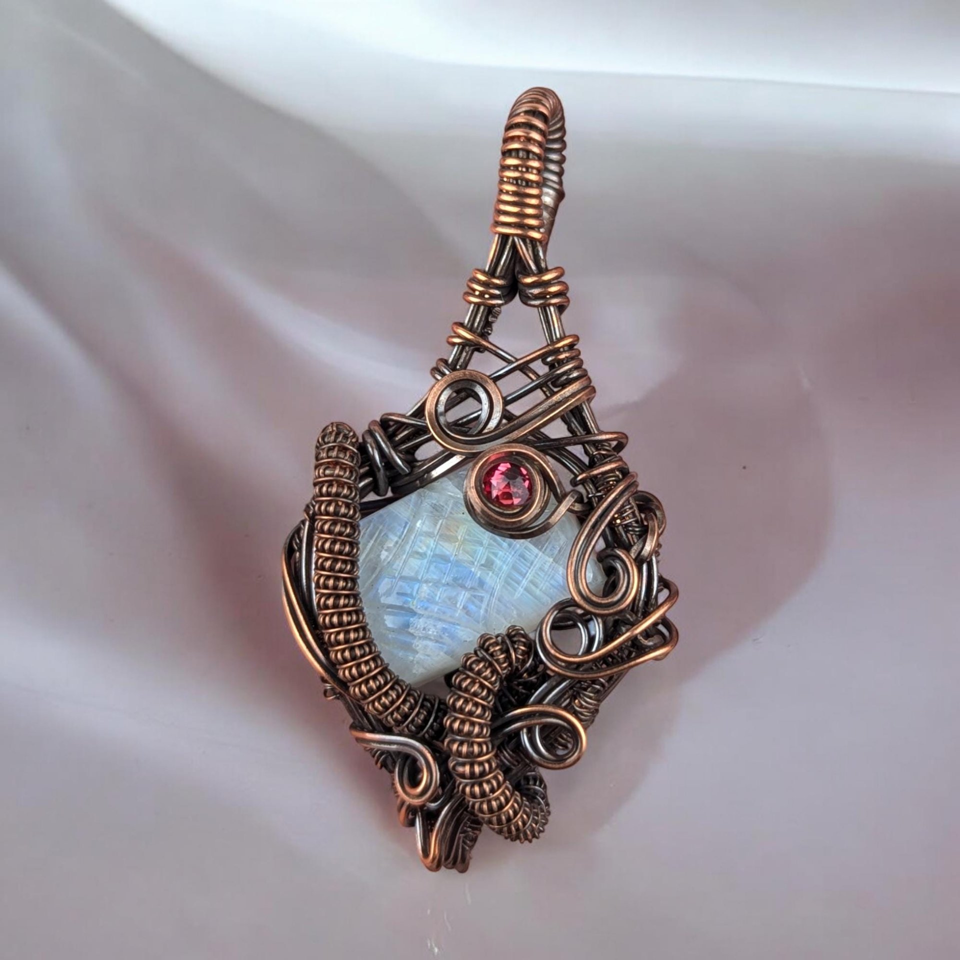 Handmade Copper Wire Wrapped Moonstone Pendant | Carved Moonstone with Pink Crystal Accent | Antiqued Copper | Unique Gift
