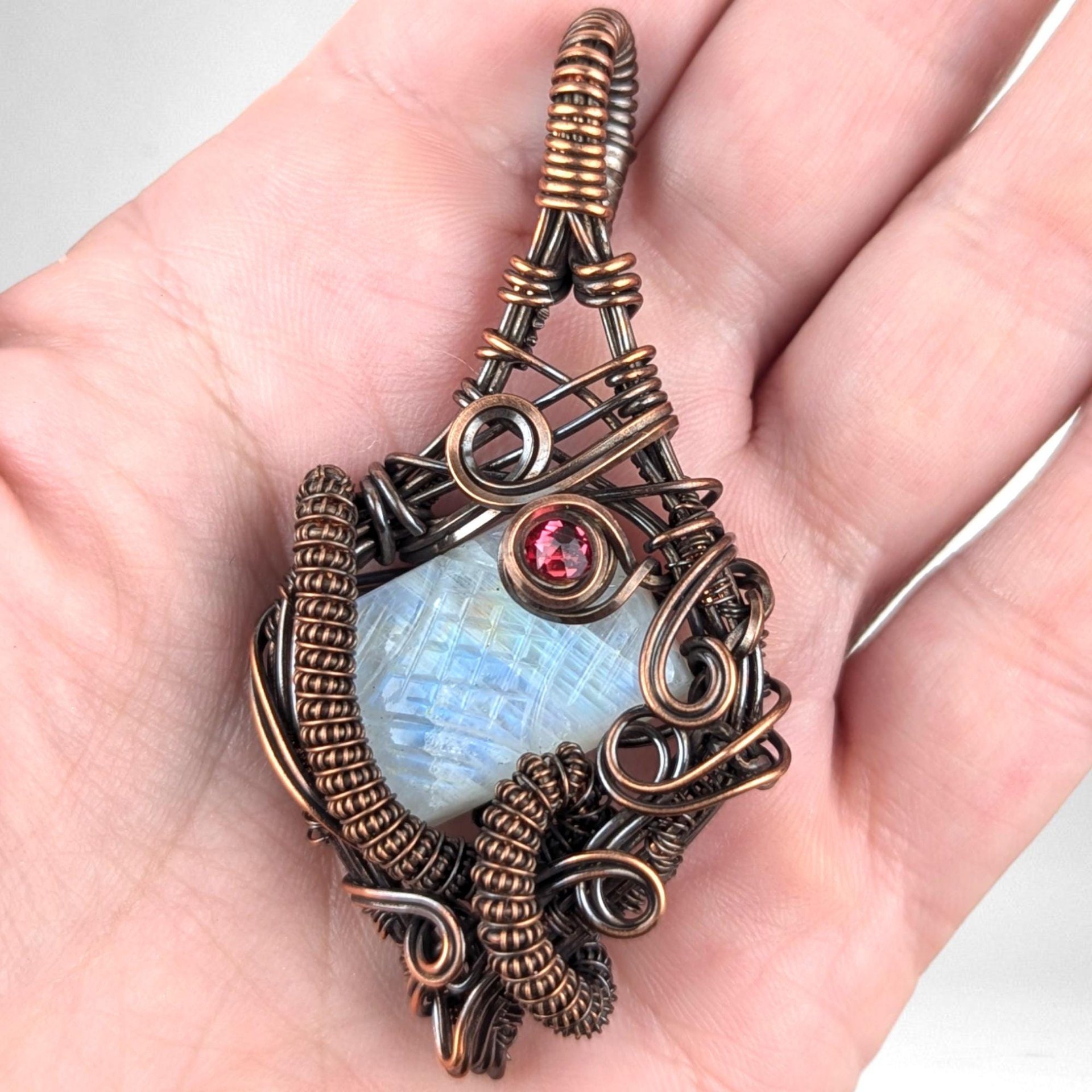 Handmade Copper Wire Wrapped Moonstone Pendant | Carved Moonstone with Pink Crystal Accent | Antiqued Copper | Unique Gift