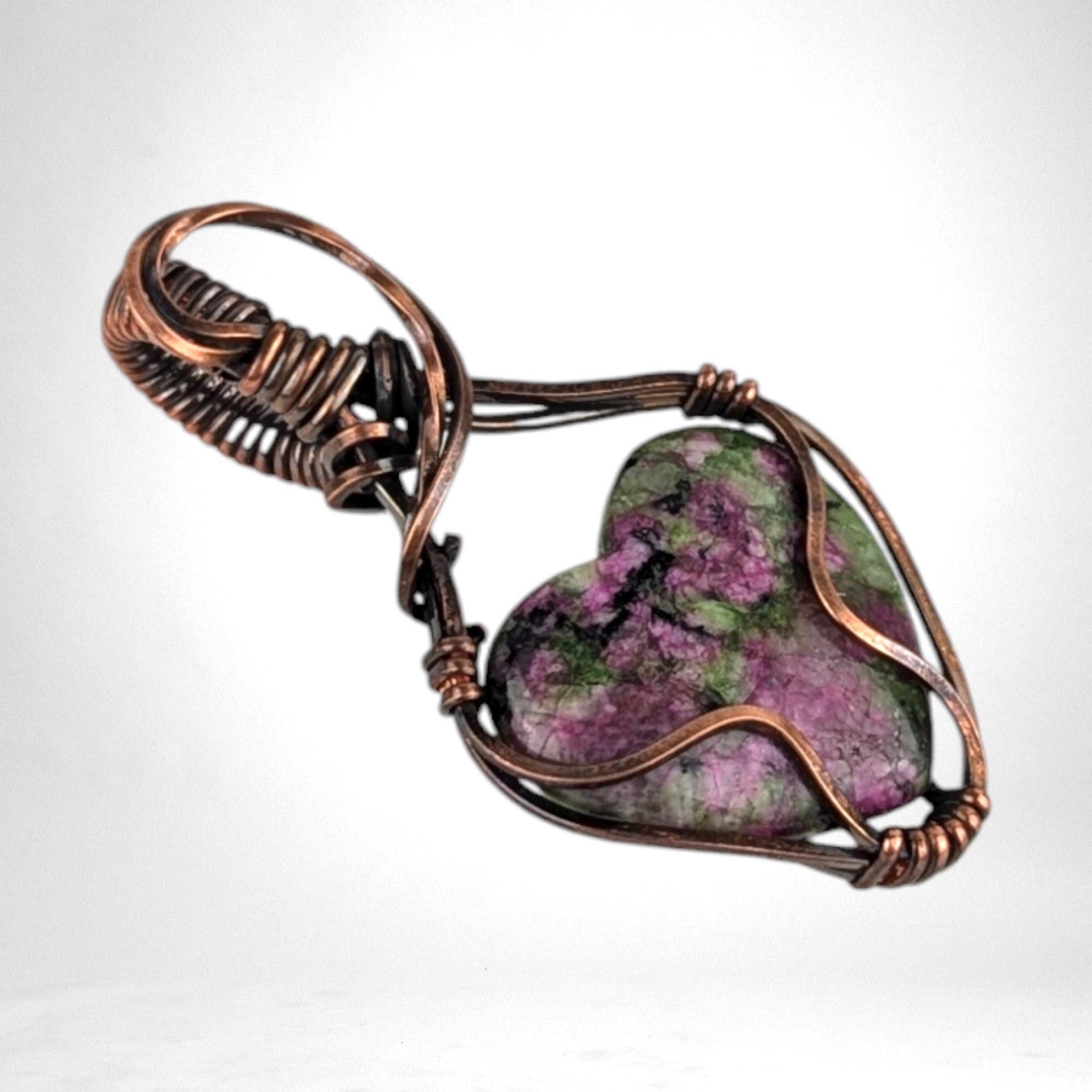 Handmade Copper Wire Wrapped Ruby in Fuchsite Heart Pendant | Unique Gemstone Jewelry | Antiqued Copper | Gift for Love and Harmony