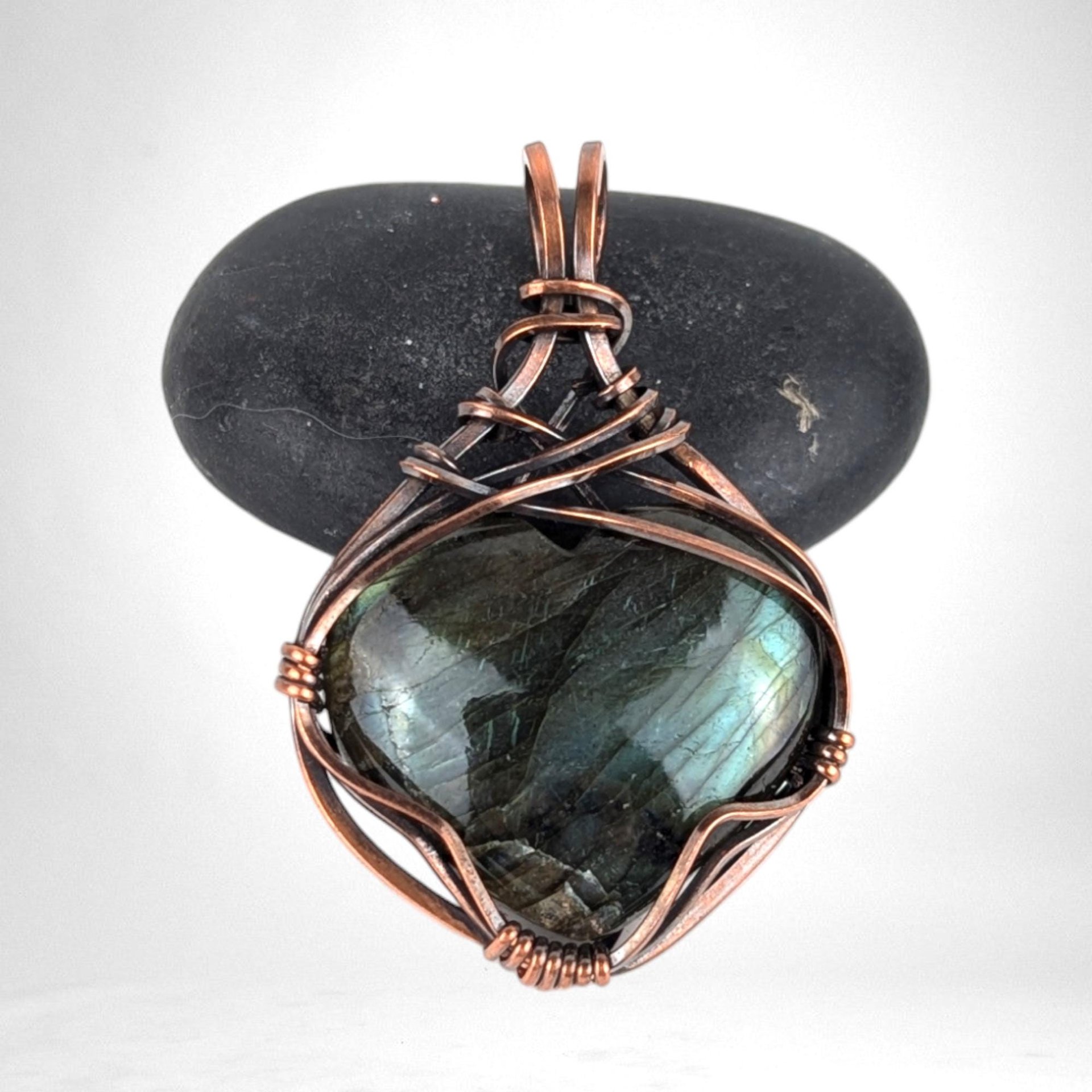 Handmade Copper Wire Wrapped Labradorite Heart Pendant | Unique Gemstone Jewelry | Antiqued Copper | Gift for Love and Transformation