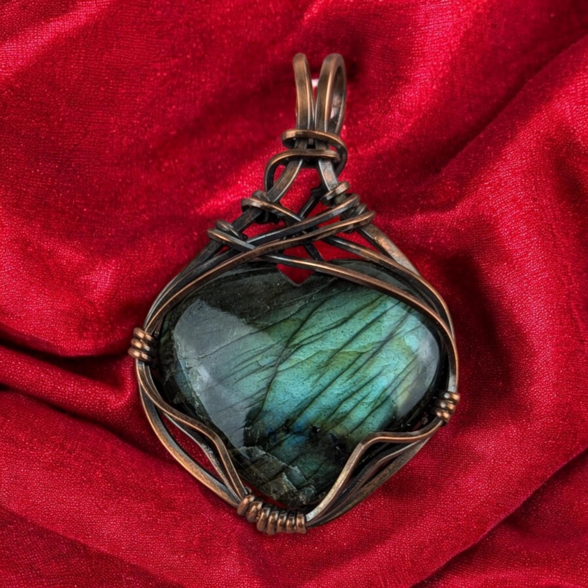 Handmade Copper Wire Wrapped Labradorite Heart Pendant | Unique Gemstone Jewelry | Antiqued Copper | Gift for Love and Transformation