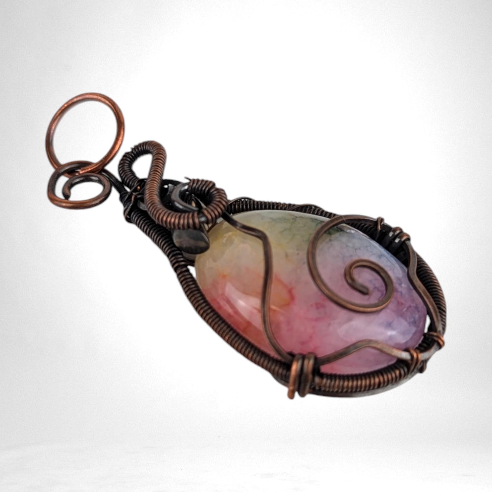 Handmade Dyed Solar Quartz Pendant in Antiqued Copper Wire | Vibrant, Unique Jewelry | 2"
