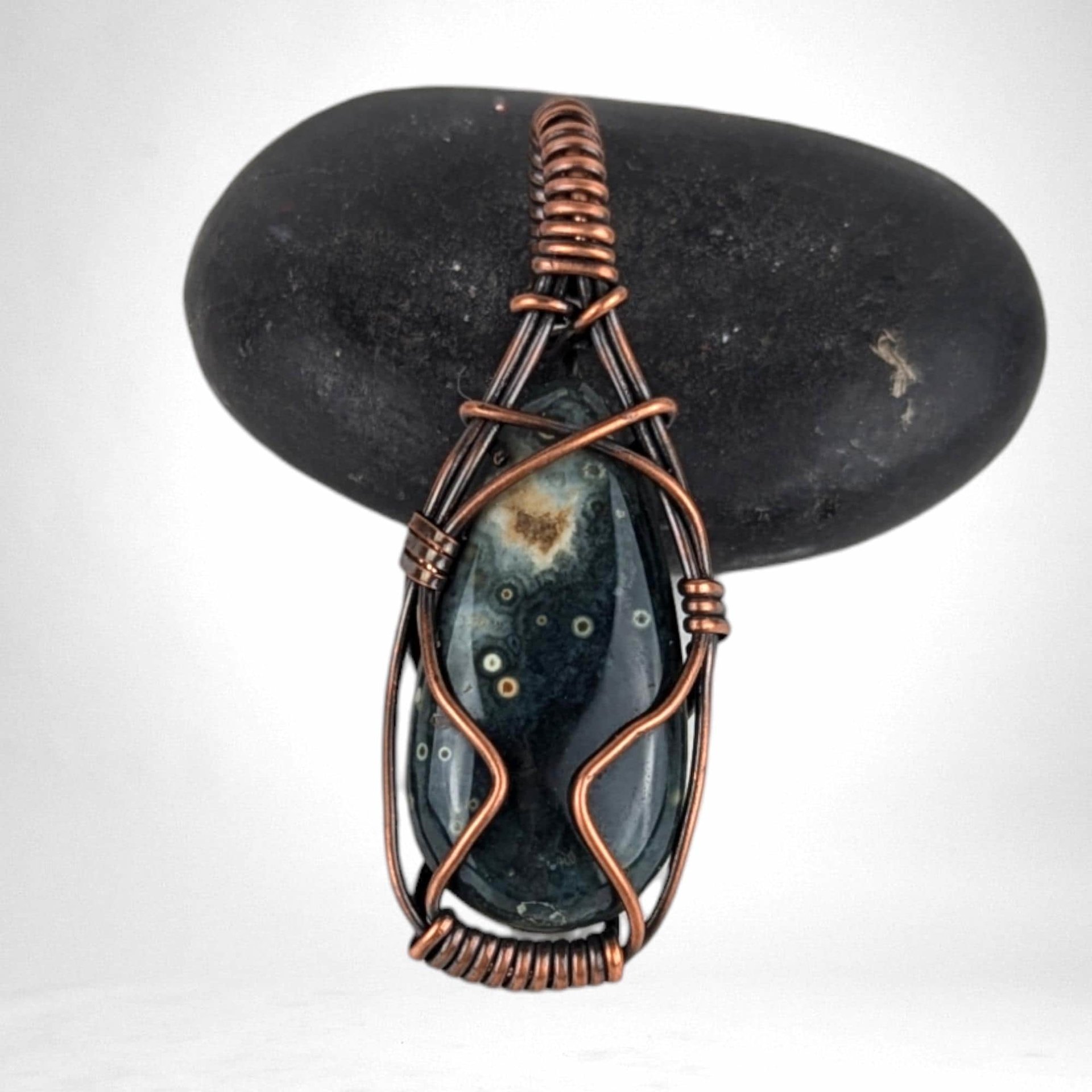 Ocean Jasper Pendant, Copper Wire Wrapped Pendant, Antiqued Copper Jewelry, Handmade Pendant, Green Blue Pendant