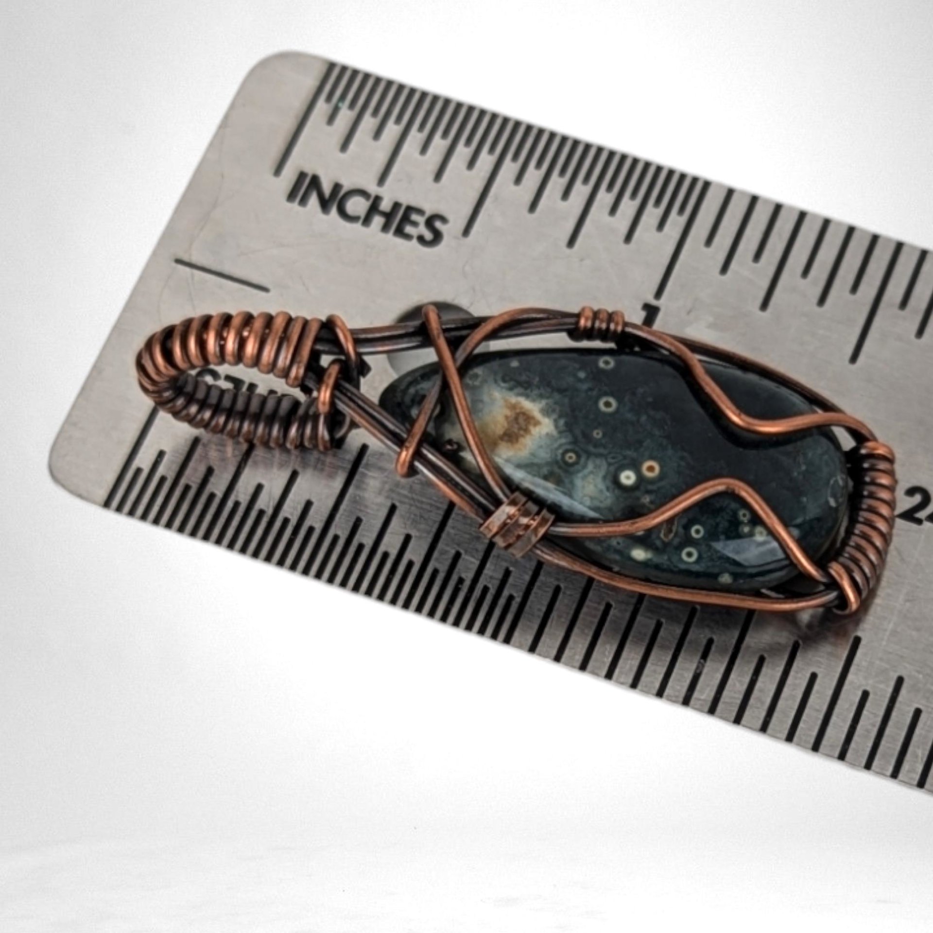 Ocean Jasper Pendant, Copper Wire Wrapped Pendant, Antiqued Copper Jewelry, Handmade Pendant, Green Blue Pendant