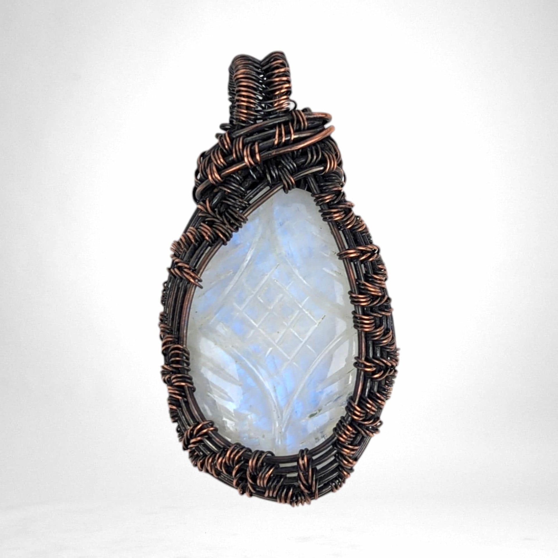 Handmade Copper Wire Wrapped Carved Rainbow Moonstone Pendant | Unique Artisan Jewelry | Boho Gift