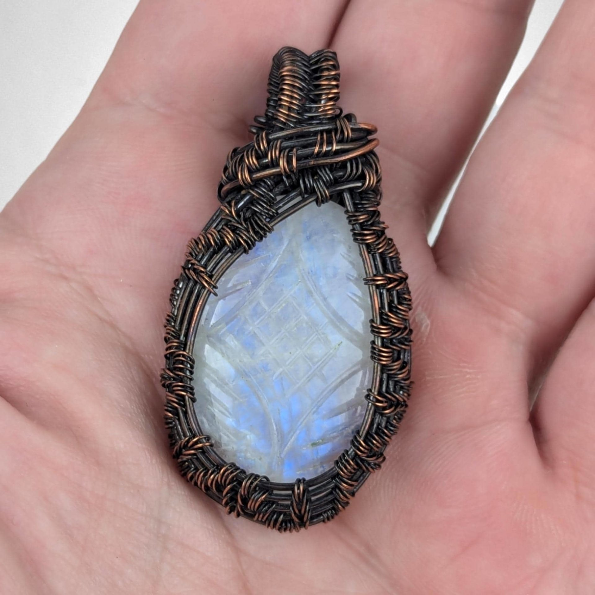 Handmade Copper Wire Wrapped Carved Rainbow Moonstone Pendant | Unique Artisan Jewelry | Boho Gift