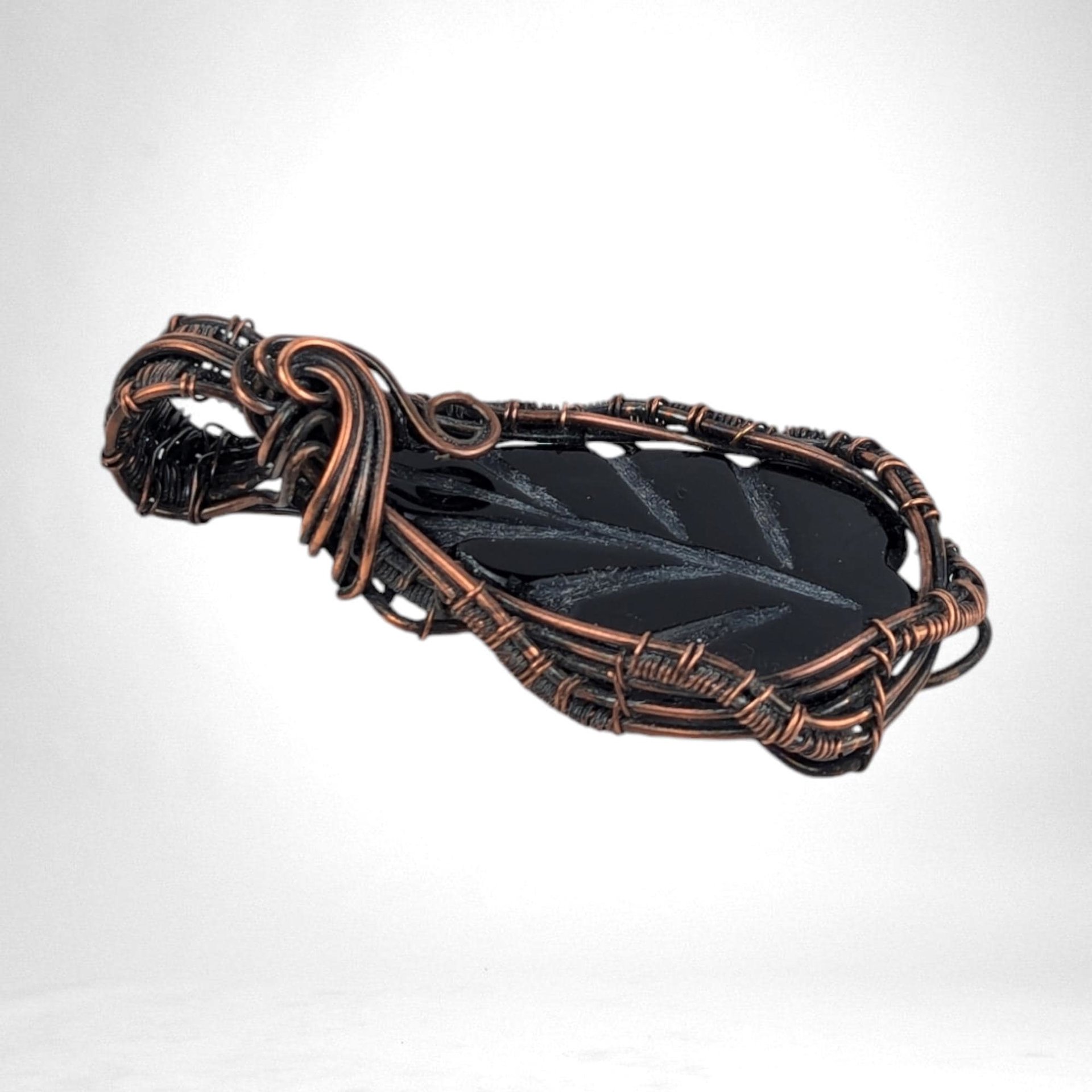 Handmade Copper Wire Wrapped Leaf Shaped Black Onyx Pendant | Unique Artisan Jewelry | Boho Gift
