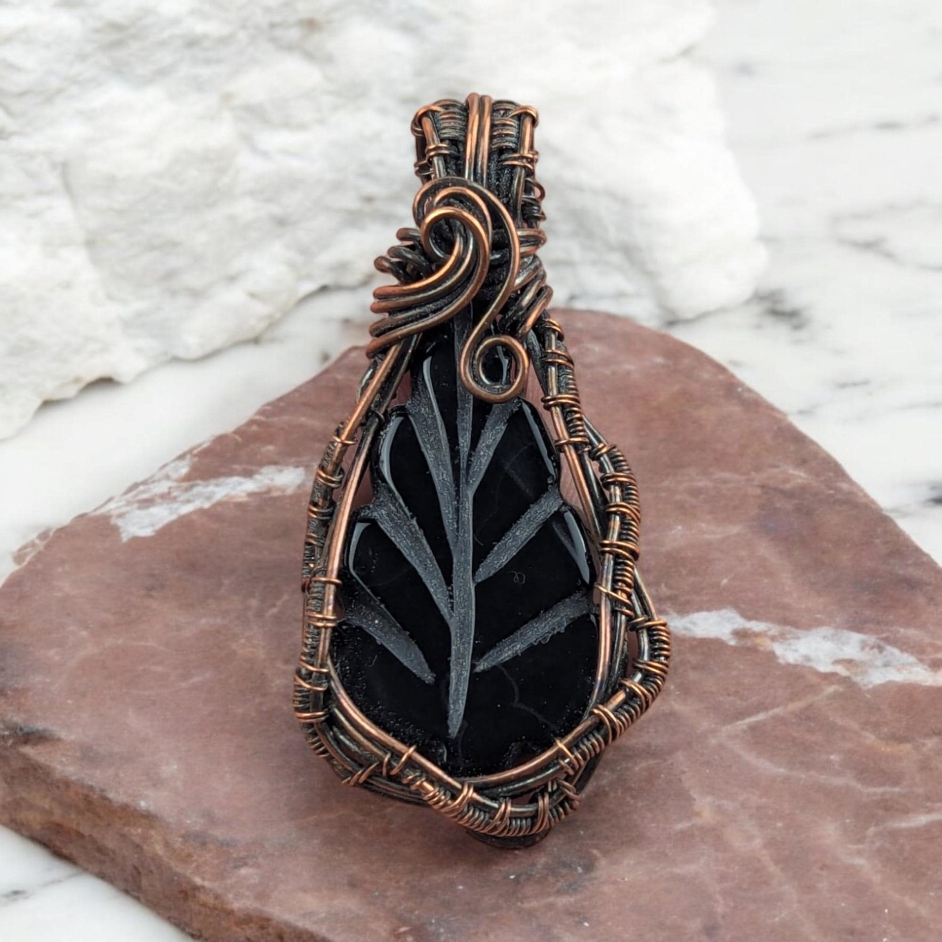 Handmade Copper Wire Wrapped Leaf Shaped Black Onyx Pendant | Unique Artisan Jewelry | Boho Gift