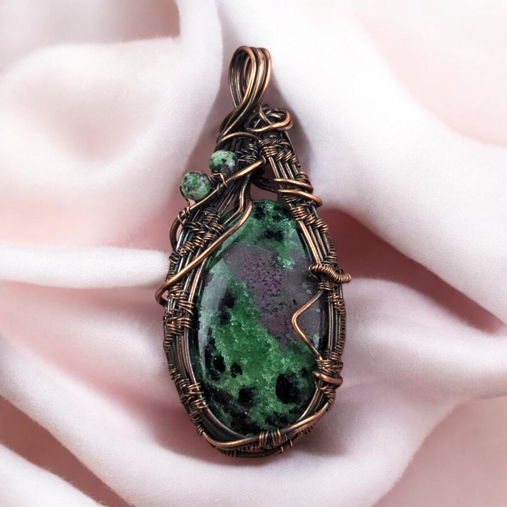 Copper Wire-Wrapped Ruby in Fuchsite Pendant | Unique Gemstone Jewelry | Handmade Artisan Necklace | Bohemian Style Gift for Her