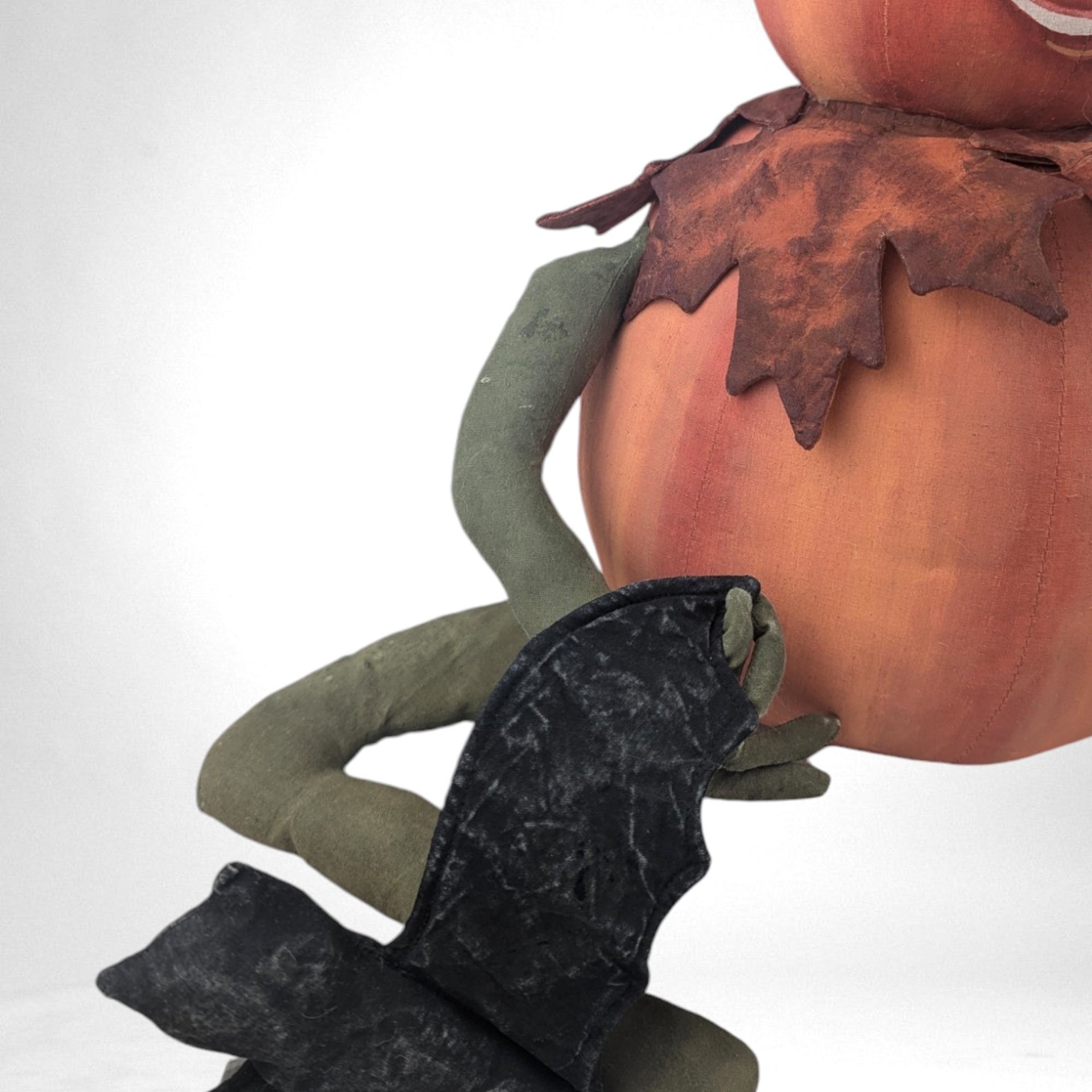 Vintage Handmade Folk Art Pumpkin and Bat Plush Figure, 17", Creepy Cute Halloween Decor, Fall Decor, One-of-a-Kind Gift