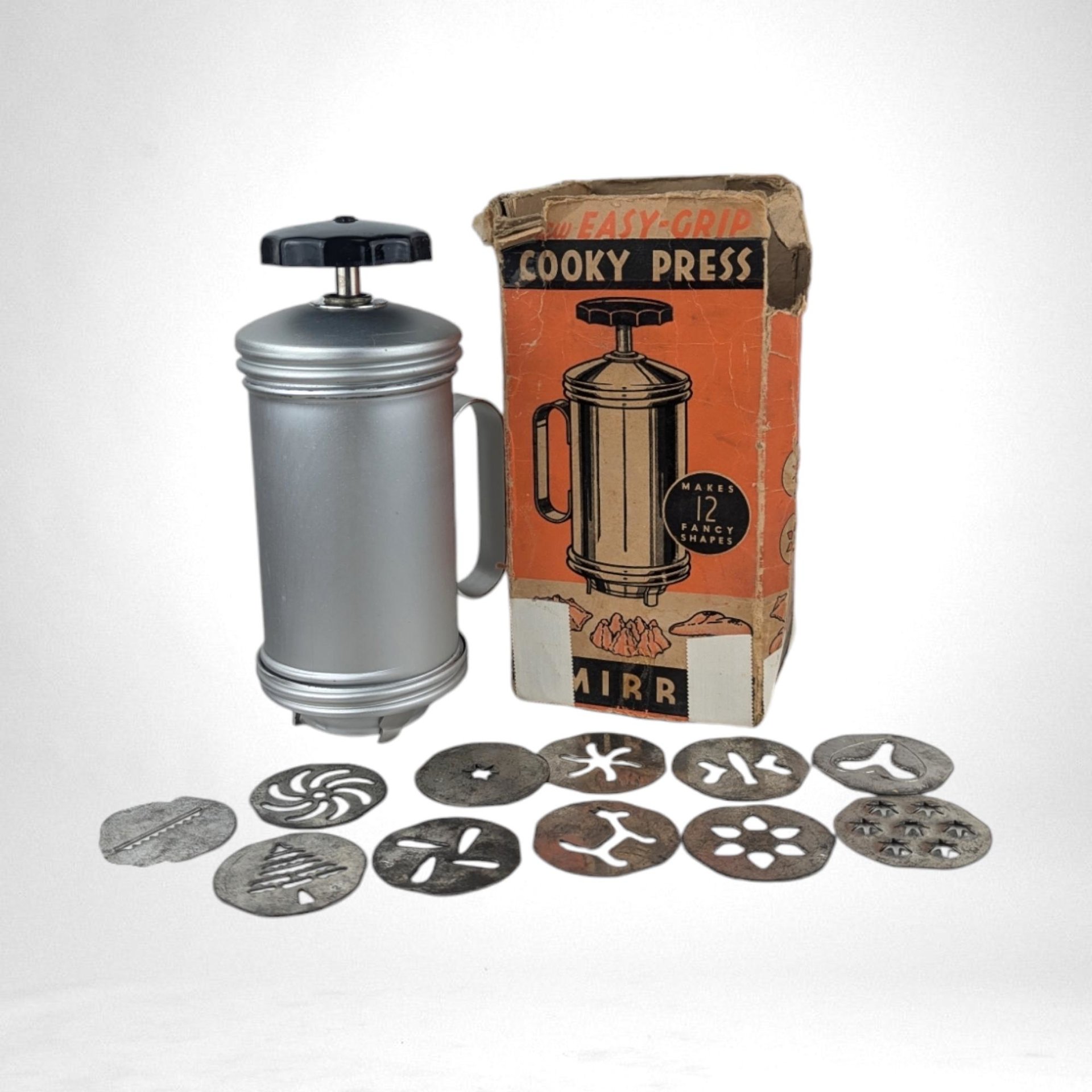 Vintage Mirro Cooky/Pastry Press with 12 Discs - Aluminum Cookie Press - Retro Baking Tool - Kitchen Collectible - Holiday Baking
