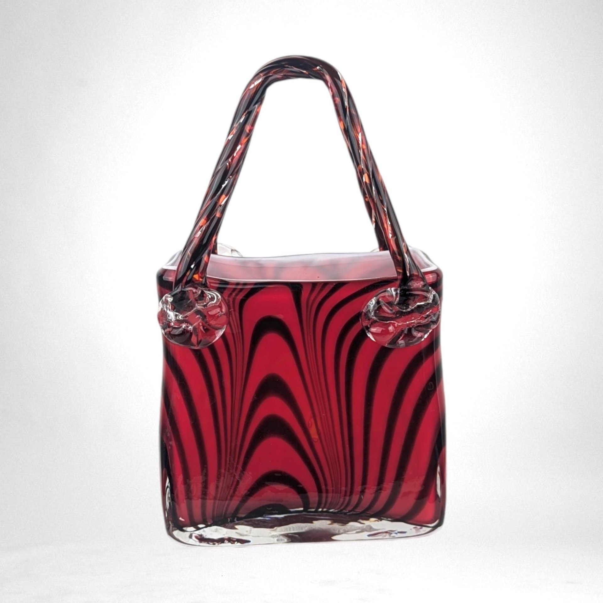 Vintage Art Glass Red Striped Purse | 9" Tall | Unique Home Decor | Bold Statement Piece