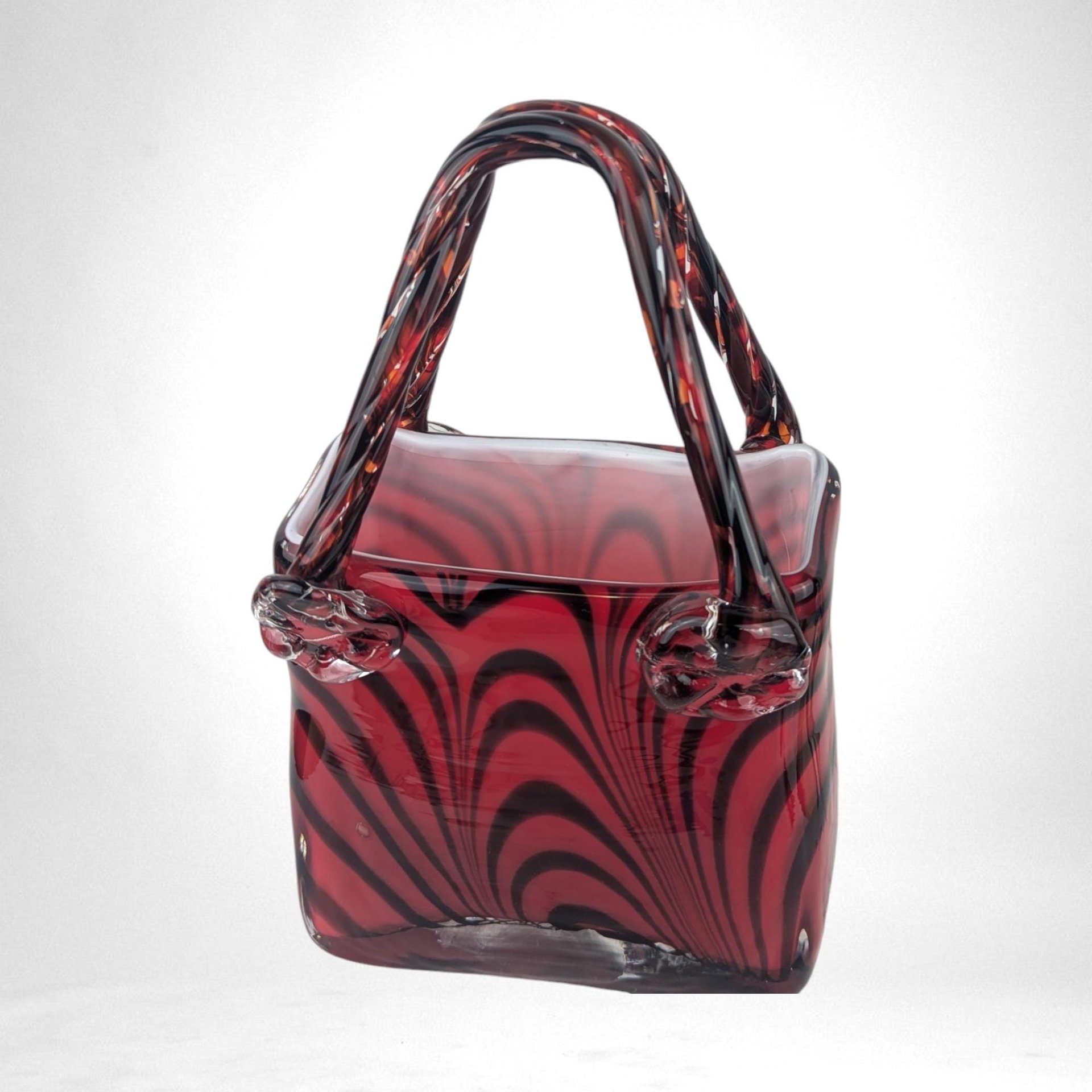 Vintage Art Glass Red Striped Purse | 9" Tall | Unique Home Decor | Bold Statement Piece