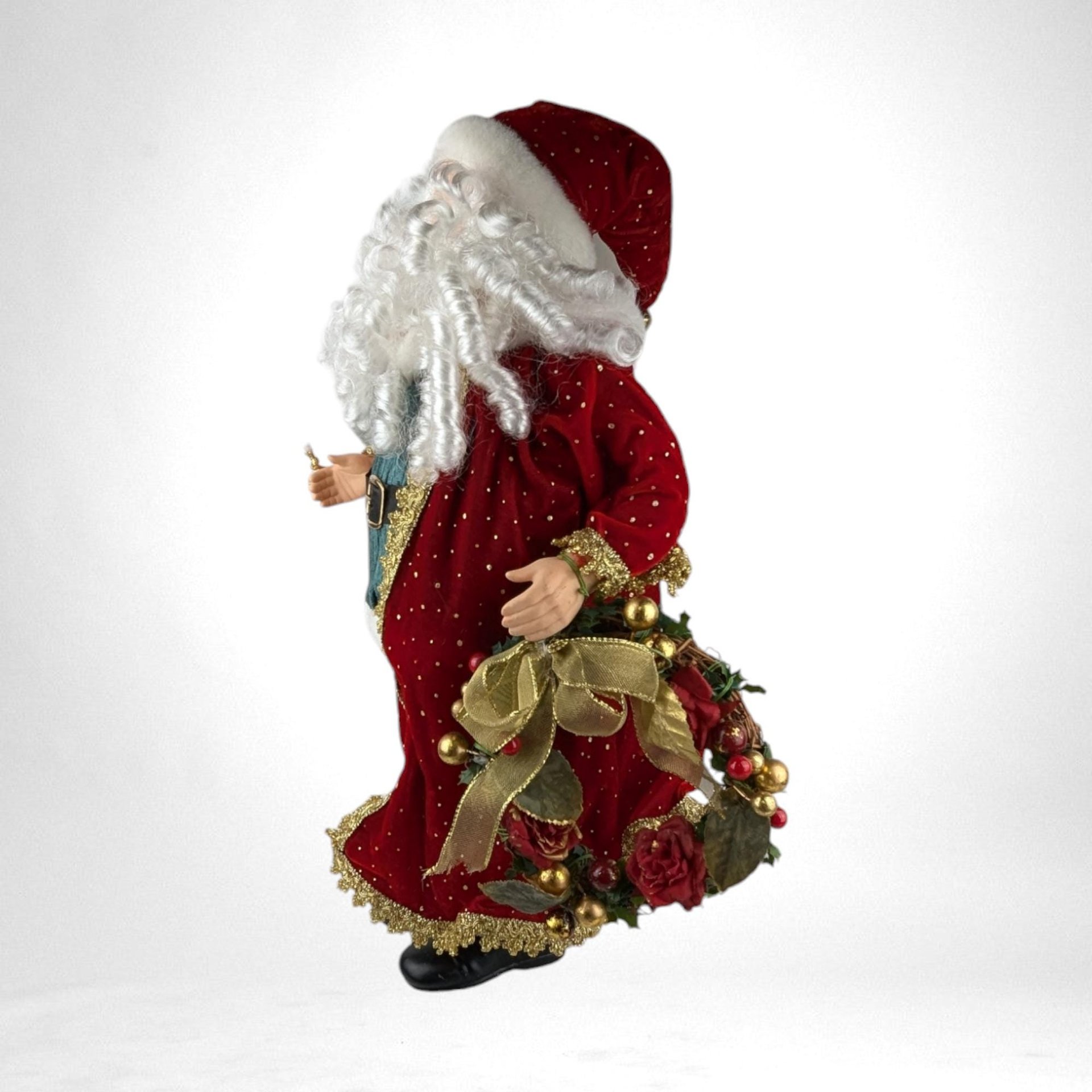 Vintage Standing Santa Claus Figure with Wreath and Teddy Bear | 18" Porcelain Hands and Feet | Christmas Decor