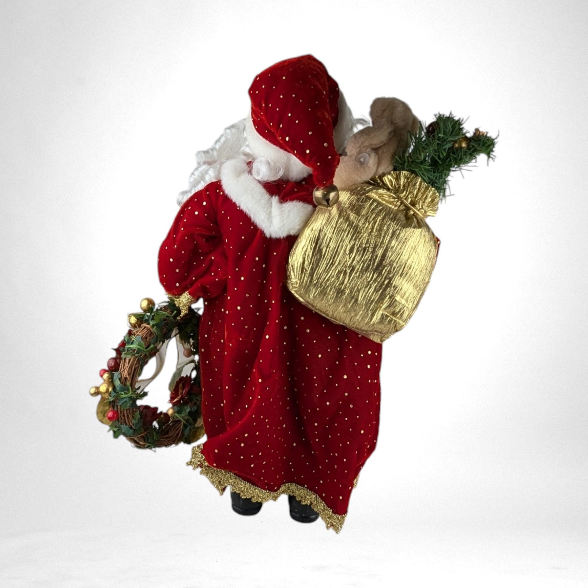 Vintage Standing Santa Claus Figure with Wreath and Teddy Bear | 18" Porcelain Hands and Feet | Christmas Decor