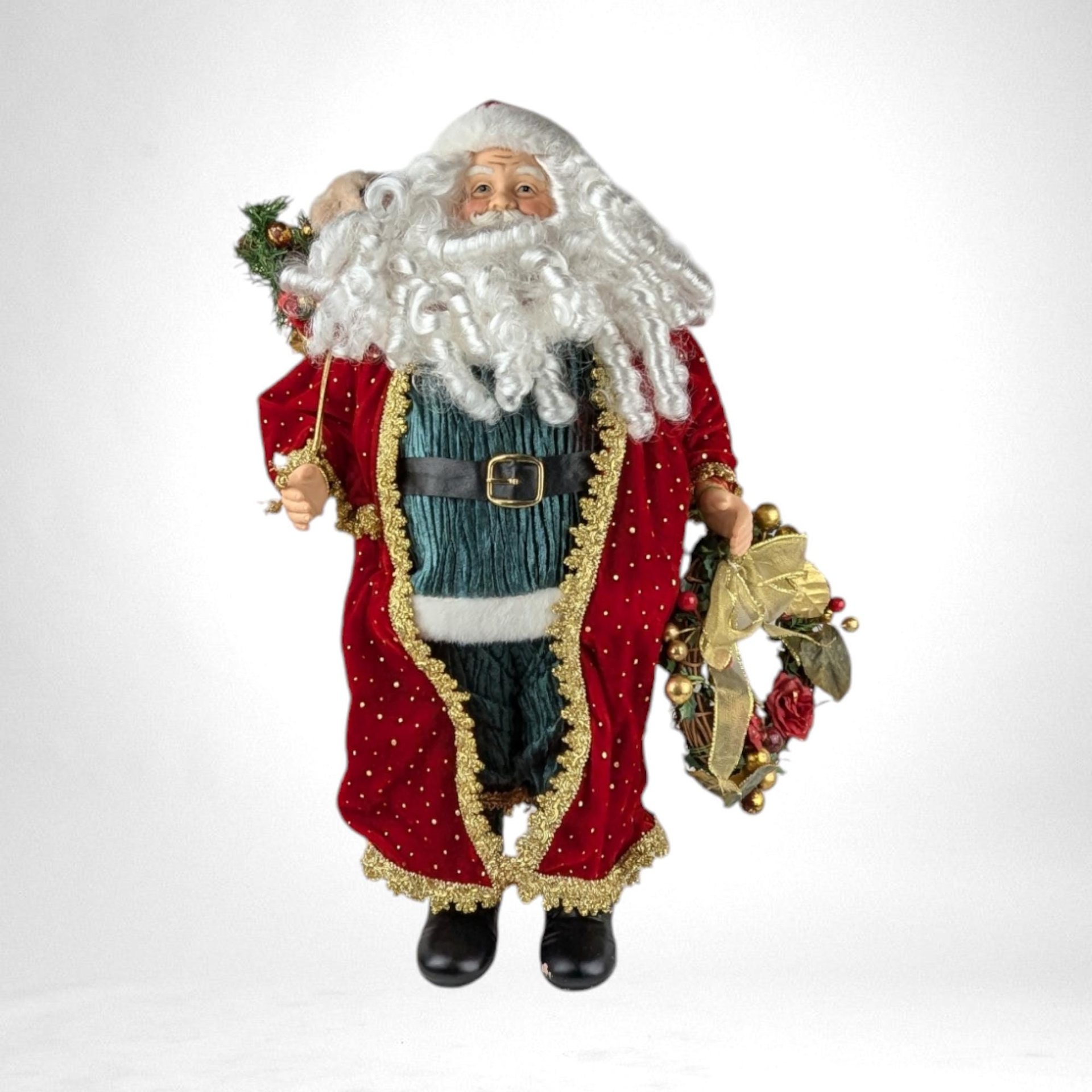 Vintage Standing Santa Claus Figure with Wreath and Teddy Bear | 18" Porcelain Hands and Feet | Christmas Decor