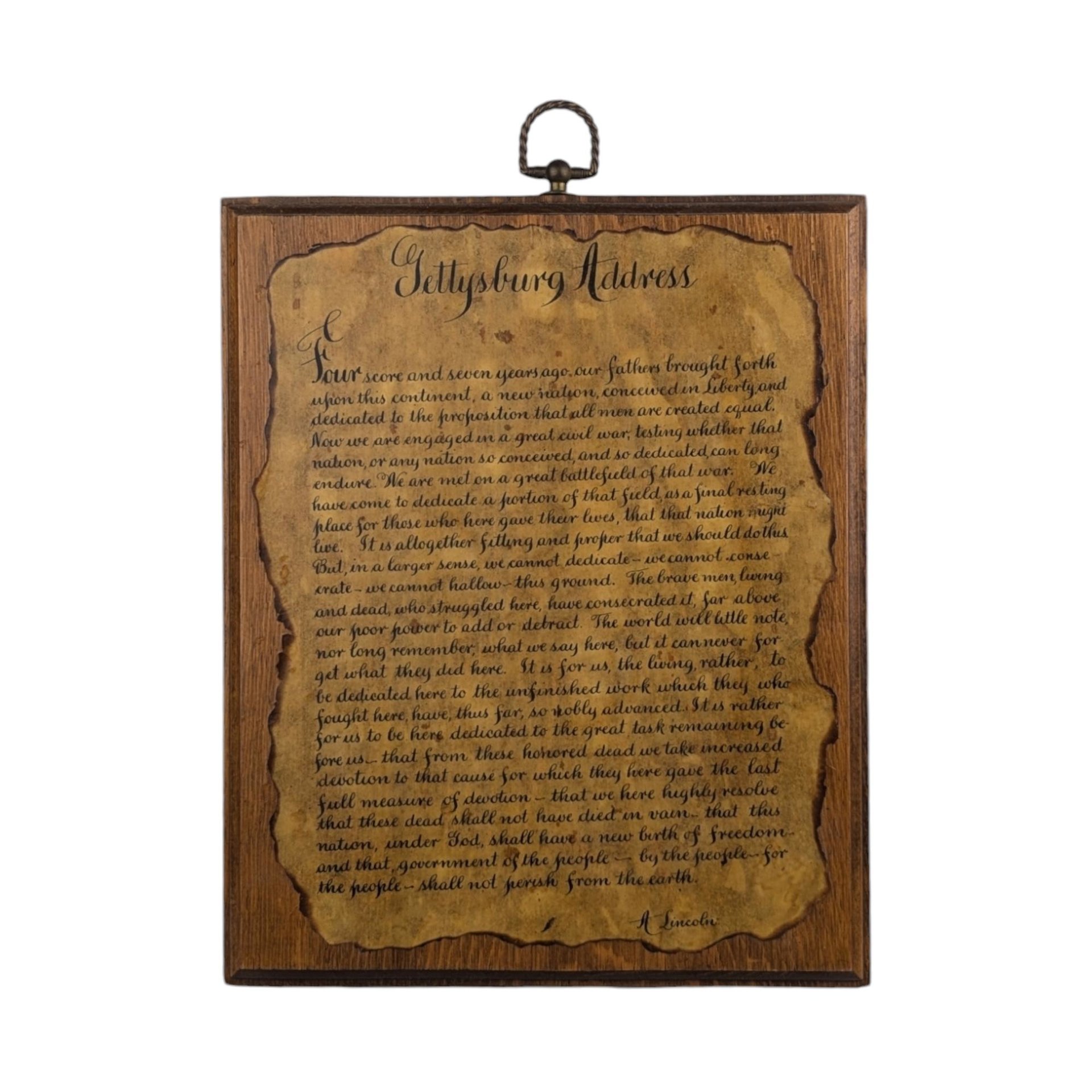 Vintage Gettysburg Address Wooden Plaque - Wall Hanging - American History Decor