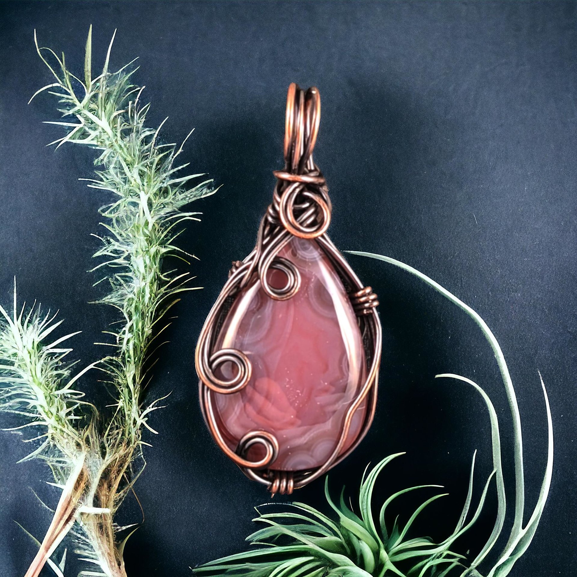 Handmade Copper Wire Wrapped Agate Pendant - Dark Pink, 2" - Antiqued Finish, No Chain